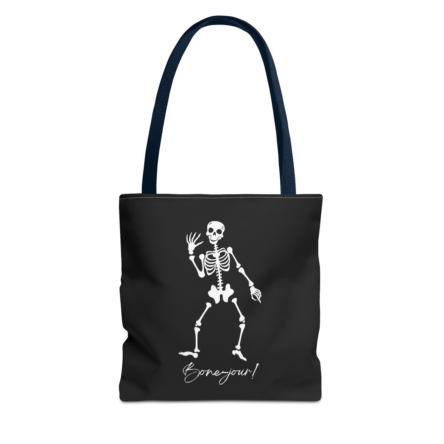 Skeleton Greeting Tote Bag, Halloween Tote, Black AOP Bag, Fun Shopping Bag, Funny Gift for Skeleton Lovers