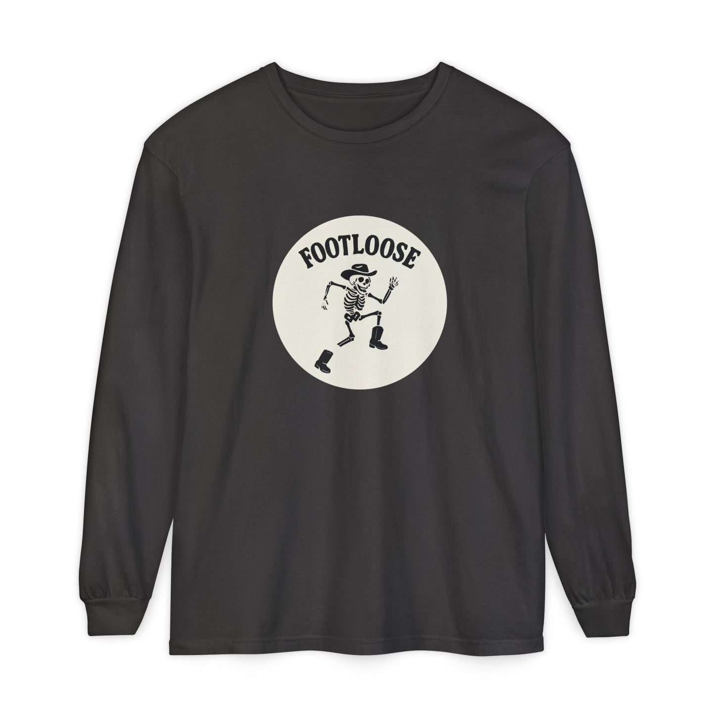 Footloose Skeleton Long Sleeve T-Shirt, Vintage Style Tee for Halloween, Unisex Casual Wear, Graphic Tee for Parties, Fun Gift Idea