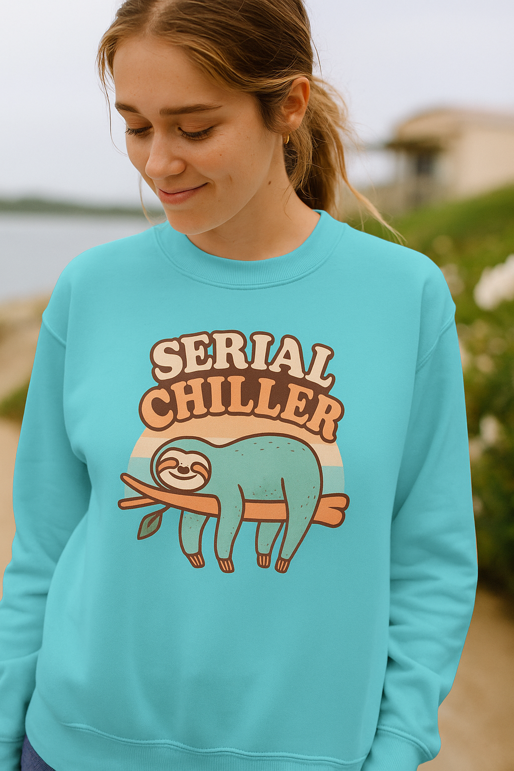 Person wearing a turquoise sweatshirt with 'Serial Chiller' and sloth graphic outdoors.