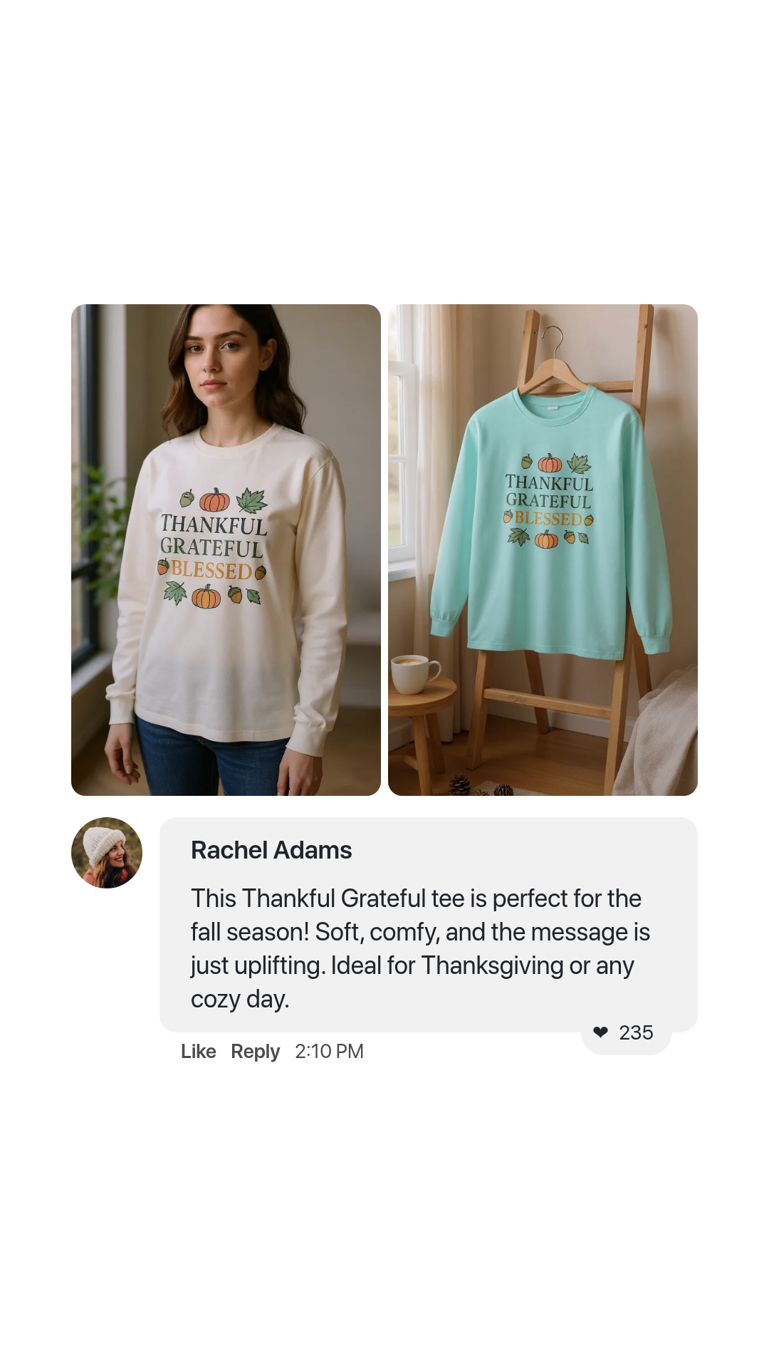 Two images of a woman wearing a 'Thankful Grateful' shirt and another shirt on a hanger with text overlay.