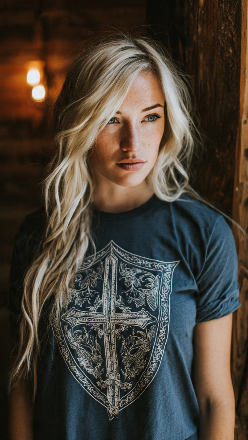 Blonde woman wearing a muted blue graphic T-shirt featuring a detailed vintage shield crest, standing against rustic wooden walls in warm, moody lighting, styled with a Southern boutique aesthetic.