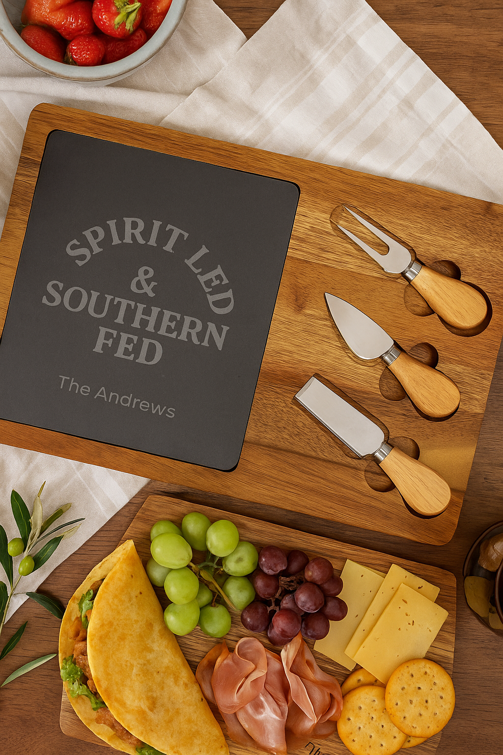 Charcuterie board with Spirit Led & Southern Fed branding, cheese, fruit, and wooden handled utensils