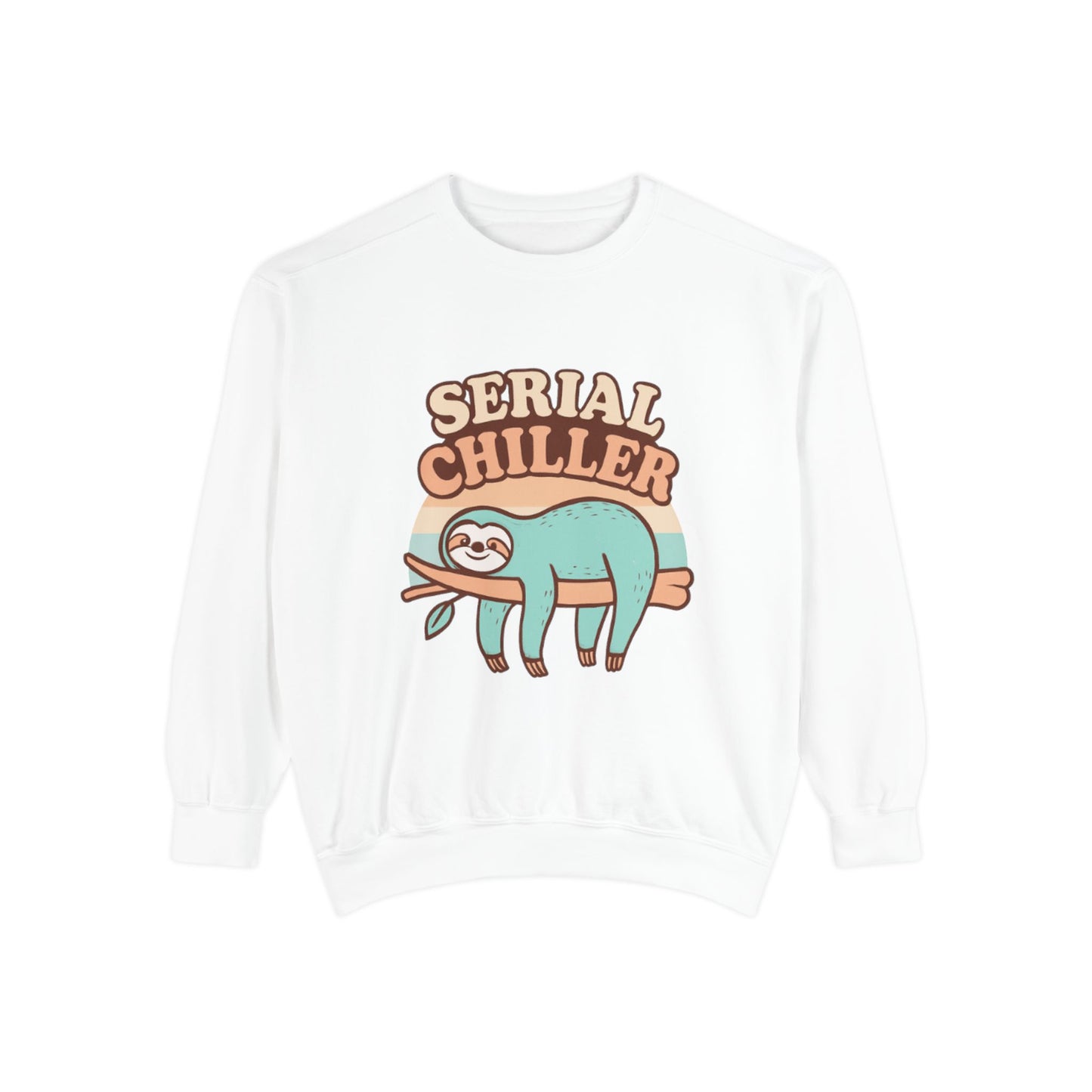 White sweatshirt with a sloth graphic and 'Serial Chiller' text on a white background