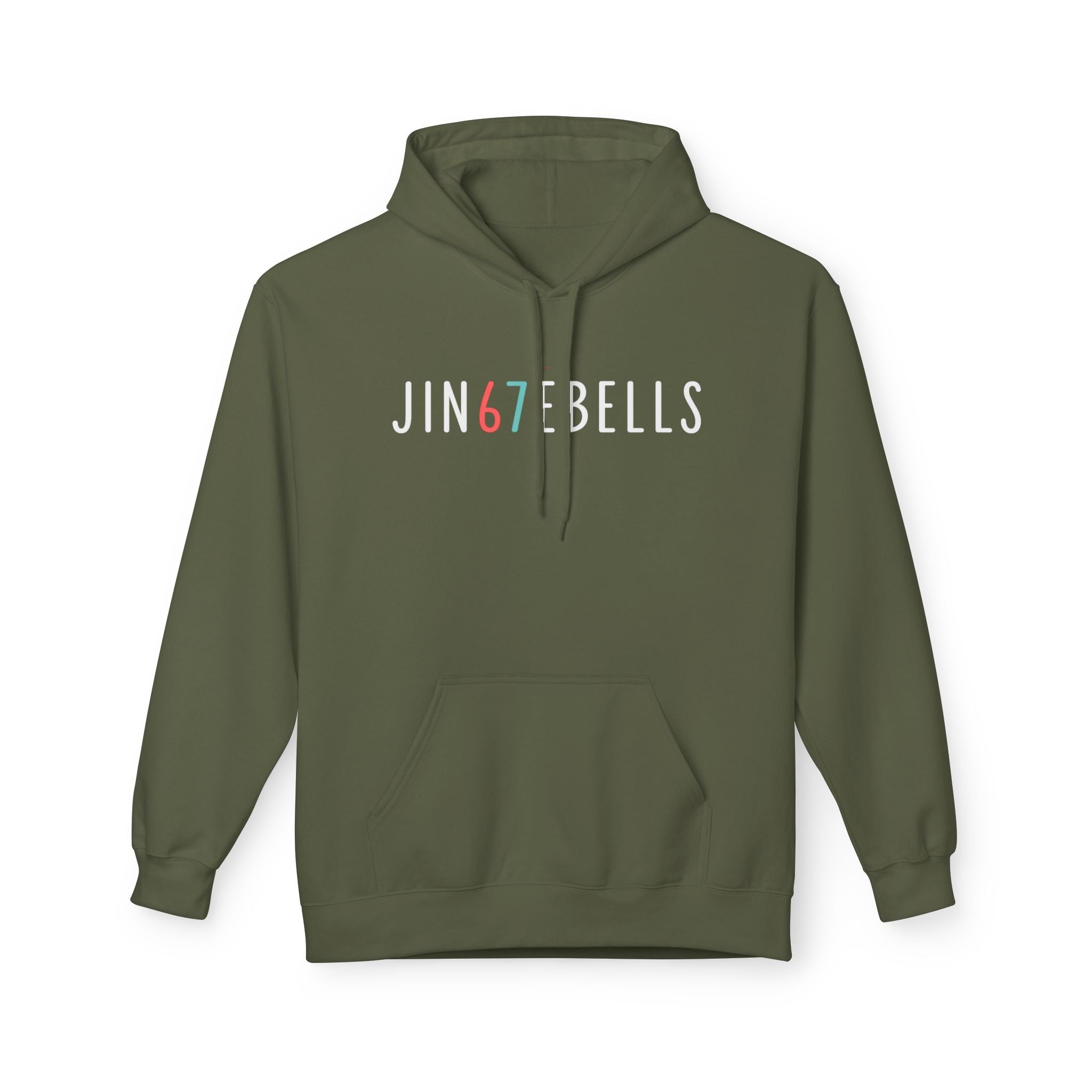 Green hoodie with 'JIN67BELLS' text on a white background