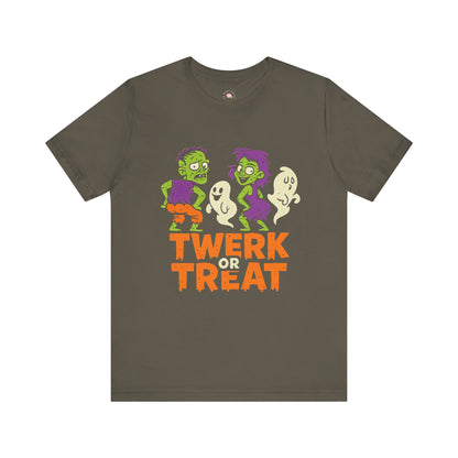 Halloween Fun Unisex Jersey Tee, T-Shirt for Halloween Parties, Funny Costume Tee, Trendy Unisex Tee, Twerk or Treat Design