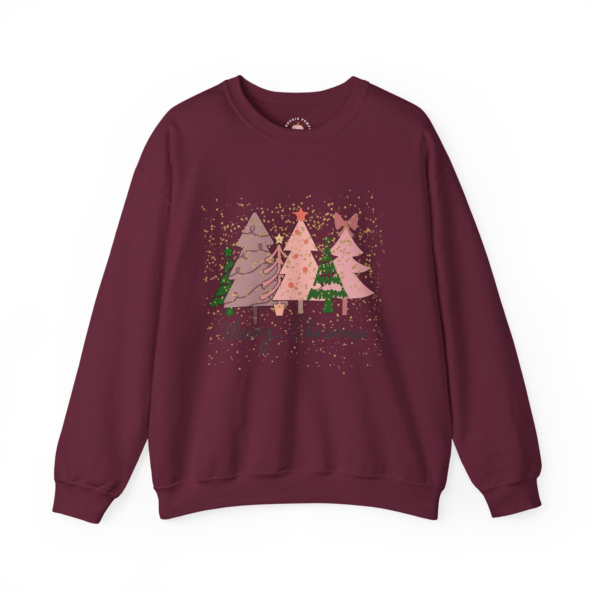 Christmas Tree Crewneck Sweatshirt - Festive Pink & Green Holiday Trees Design with Glitter Overlay