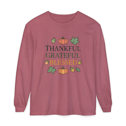 Thankful Grateful Blessed Long Sleeve T-Shirt | Autumn Fashion, Harvest Wear, Thanksgiving Gift, Fall Style, Cozy Apparel - The Bougie Pumpkin Boutique