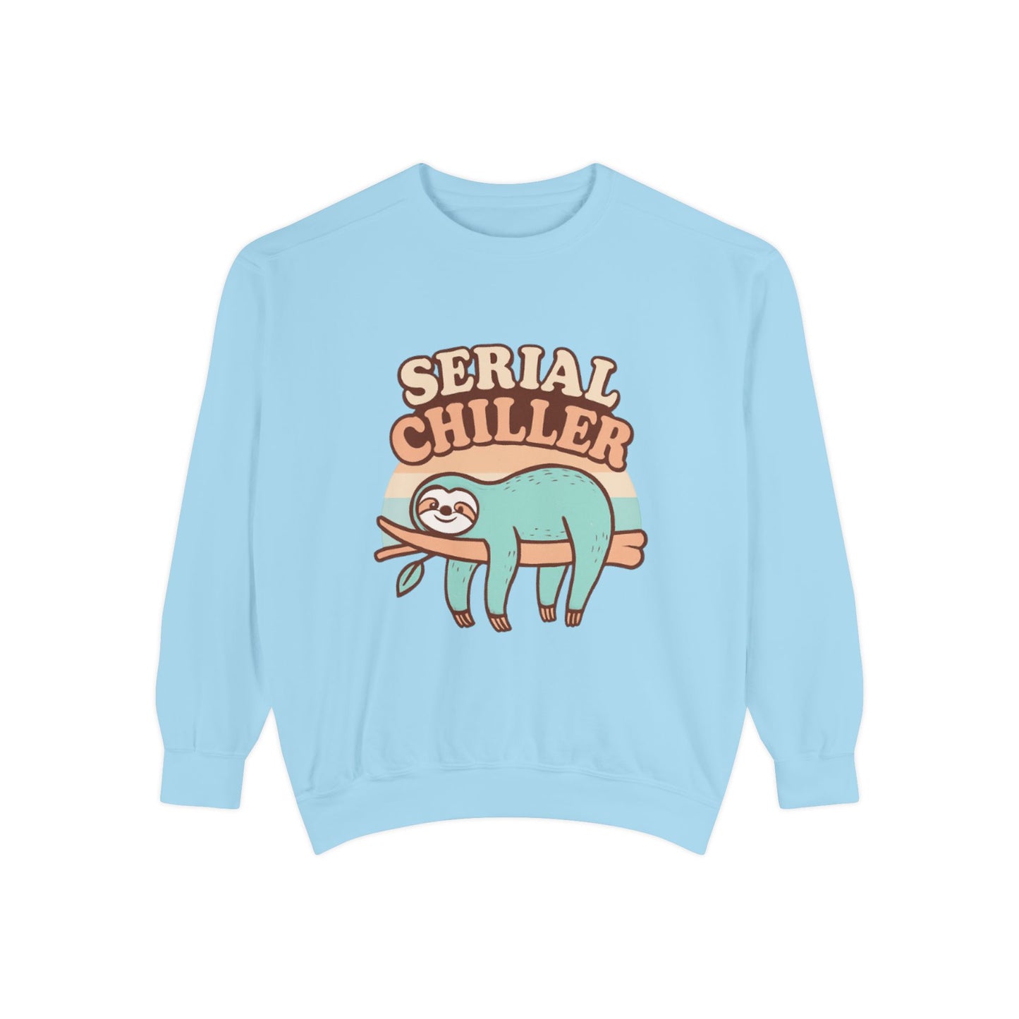 Light blue sweatshirt with a sloth graphic and 'Serial Chiller' text on a white background