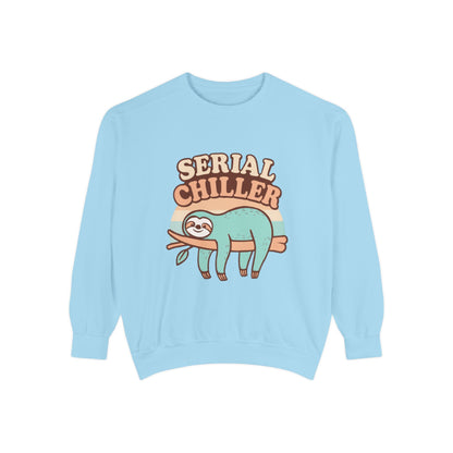 Light blue sweatshirt with a sloth graphic and 'Serial Chiller' text on a white background