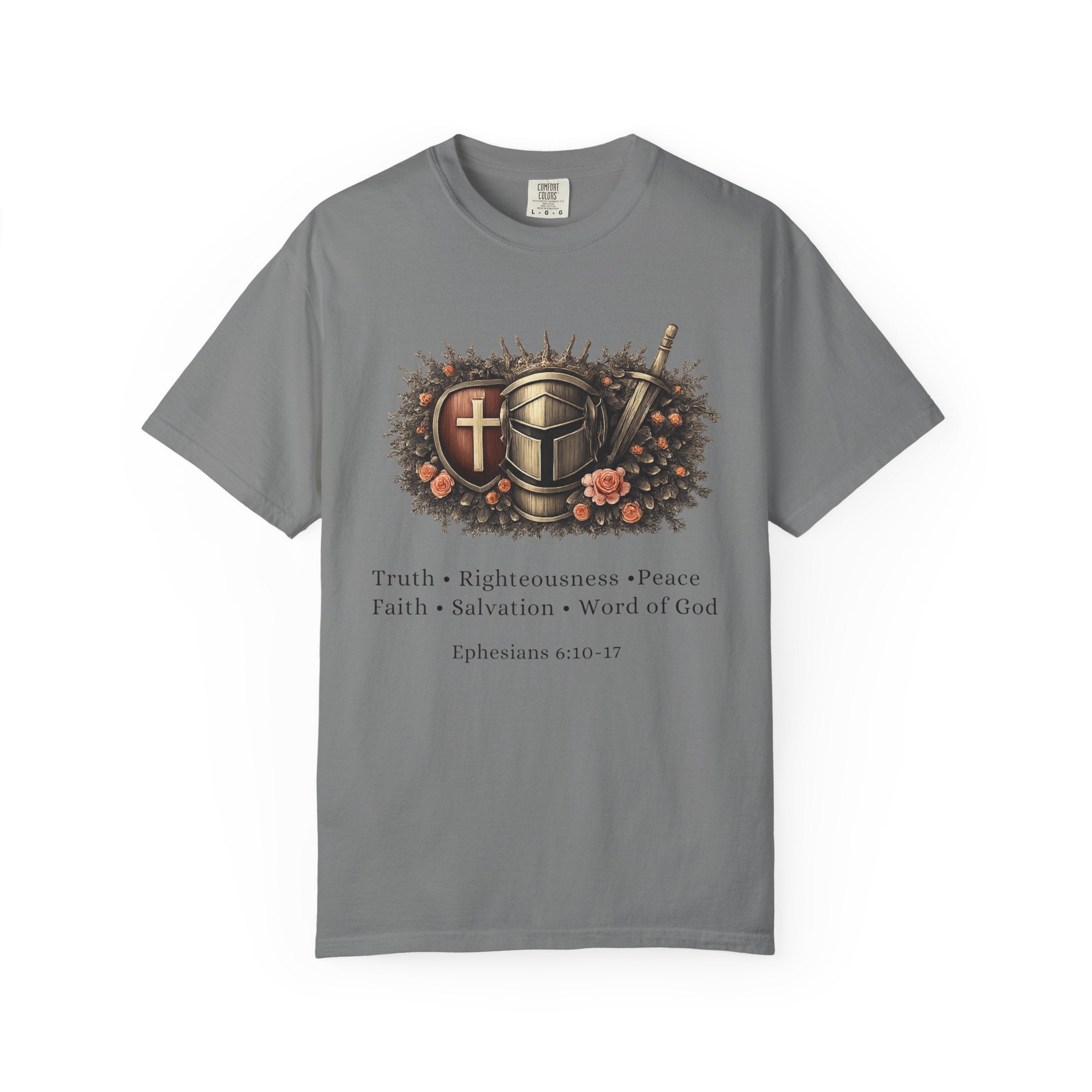 Gray t-shirt with religious design and text on a white background