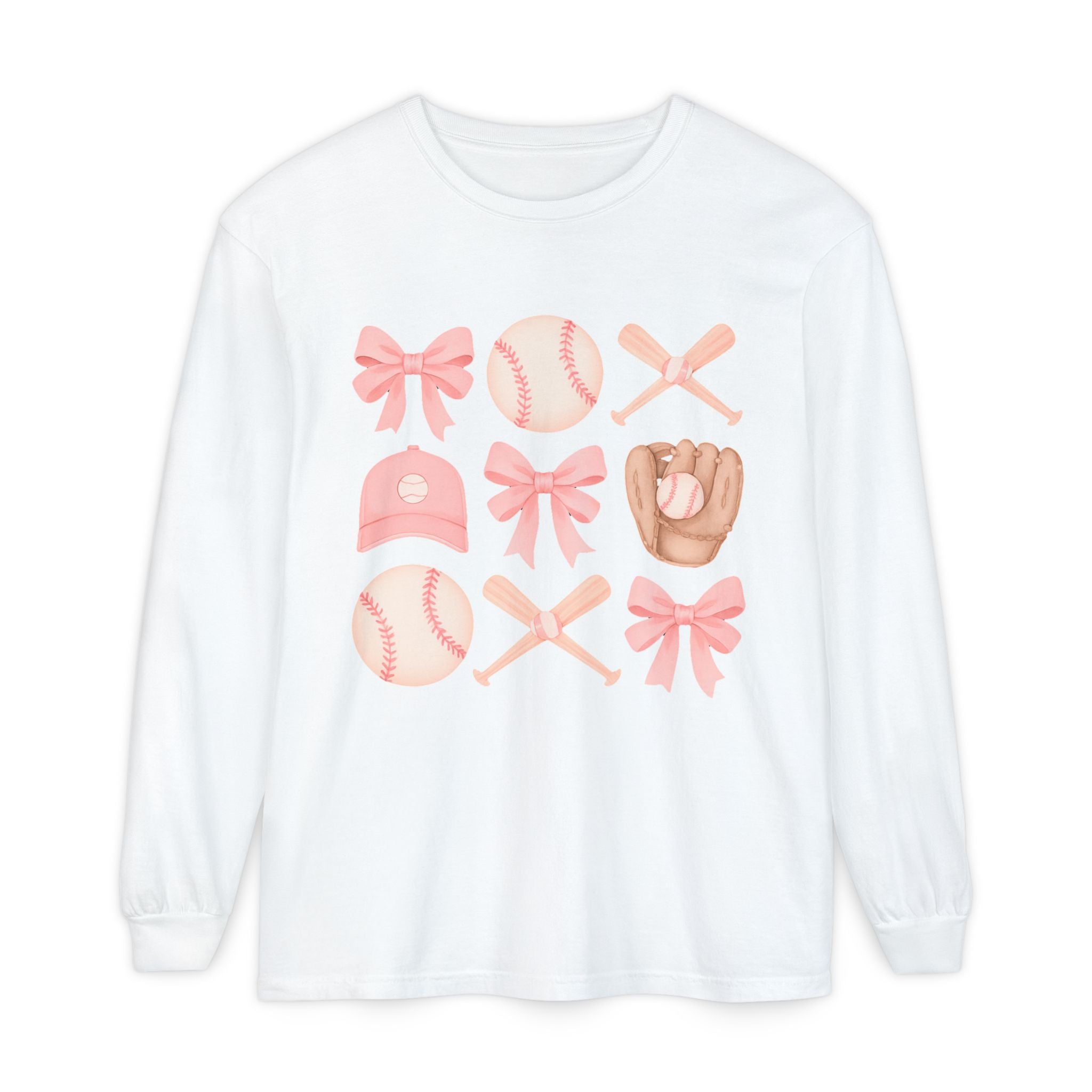 Pink Baseball Icons Long Sleeve Tee — Cute Softball Mom Fan Shirt
