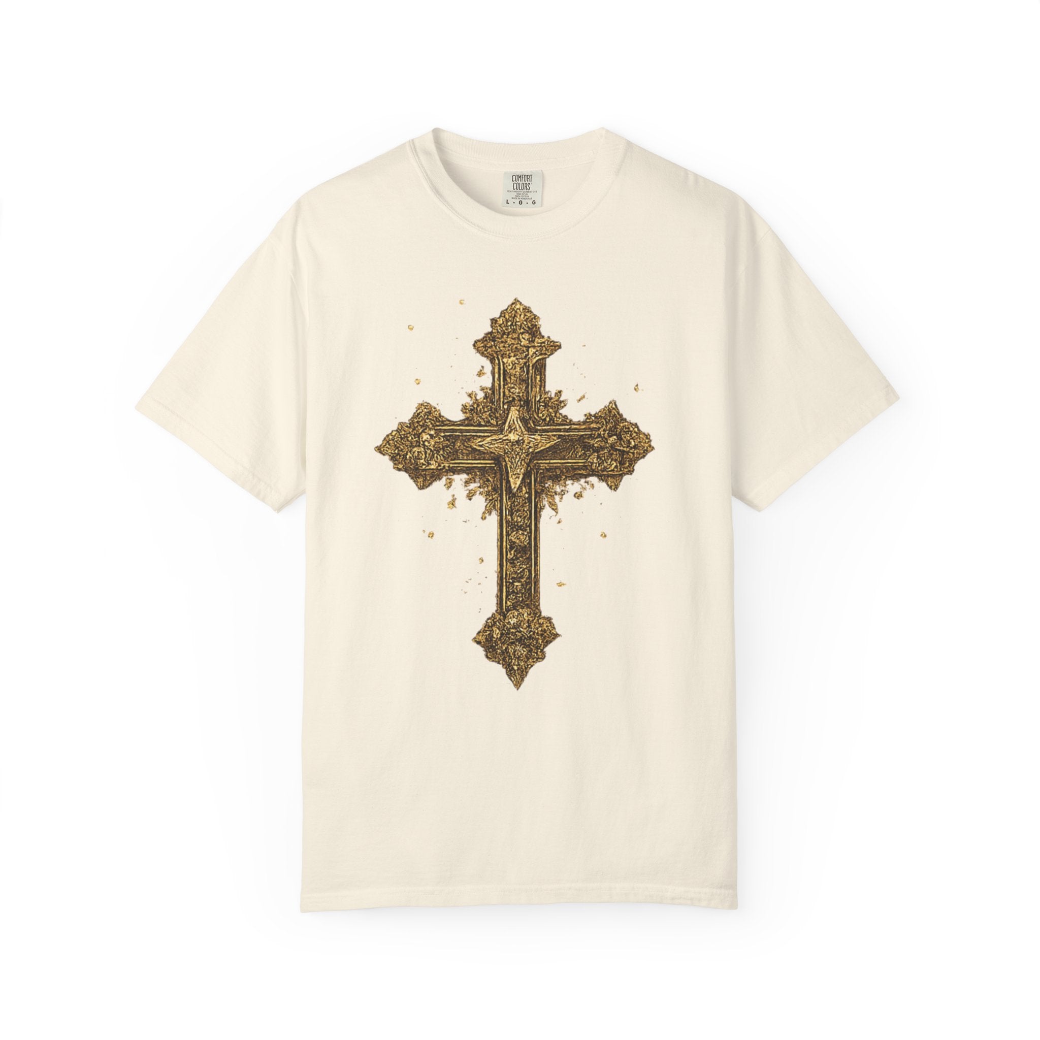 Beige t-shirt with a decorative cross design on a white background