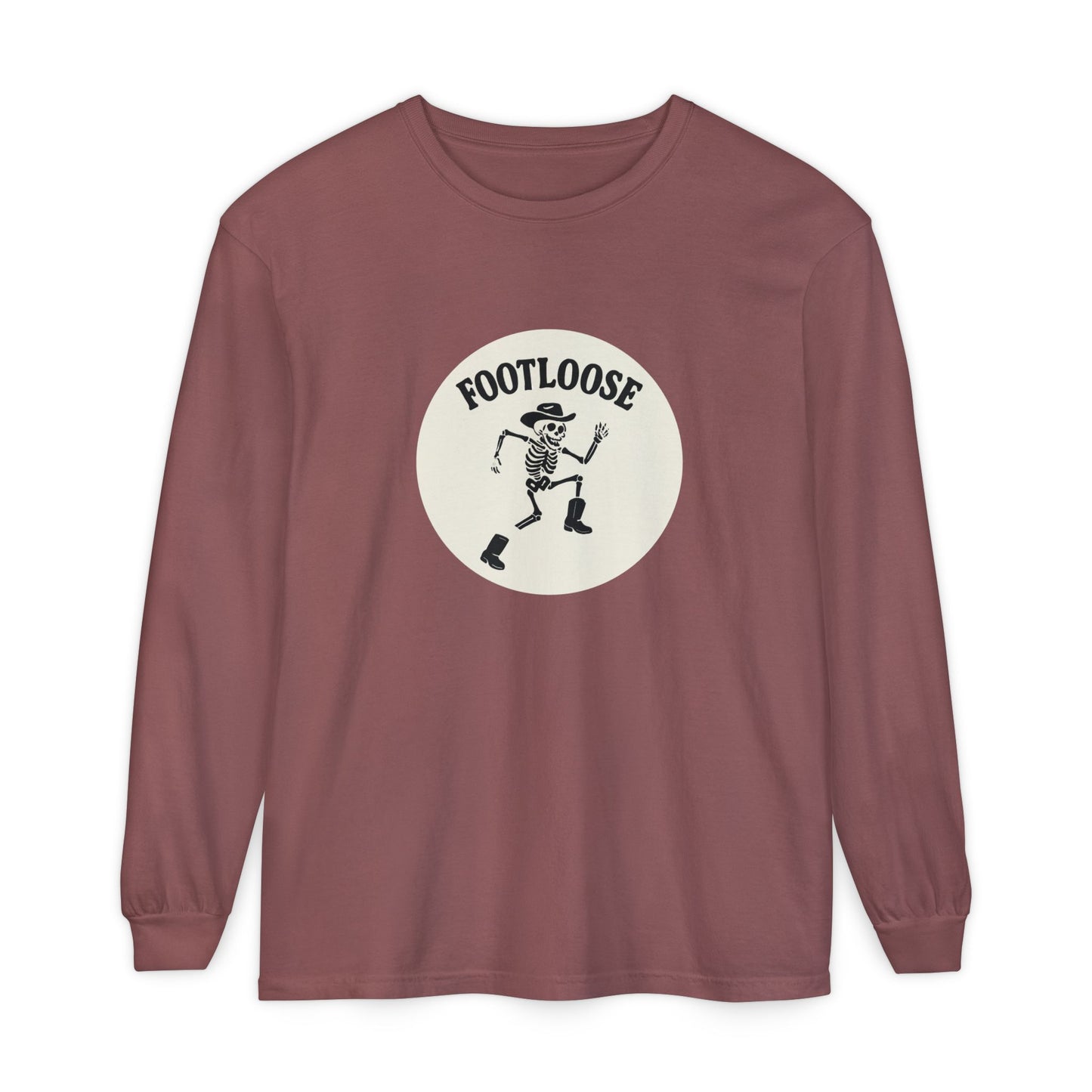 Footloose Skeleton Long Sleeve T-Shirt, Vintage Style Tee for Halloween, Unisex Casual Wear, Graphic Tee for Parties, Fun Gift Idea