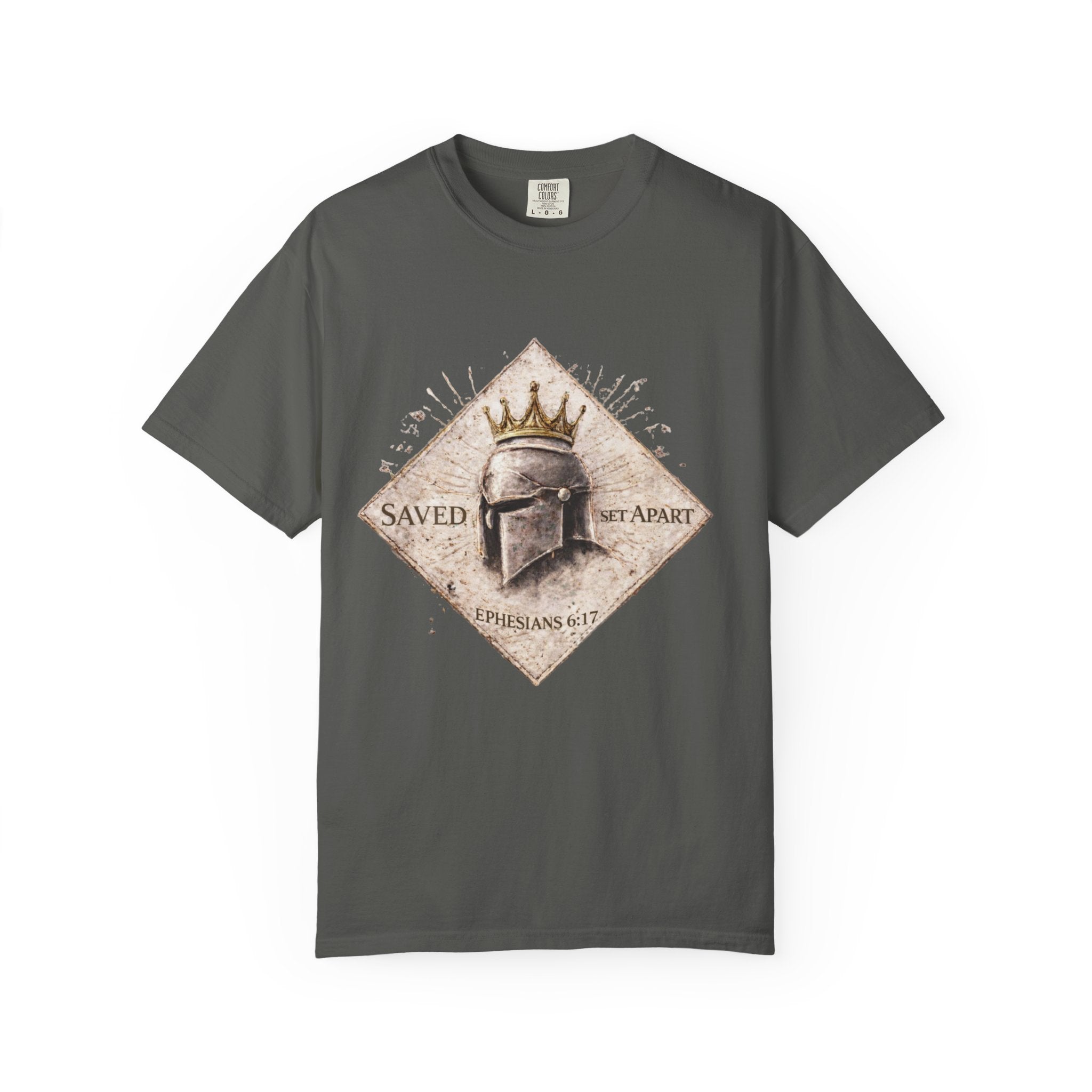 Christian Helmet T-Shirt — "Saved Not Apart" Ephesians 2:8 Faith Tee