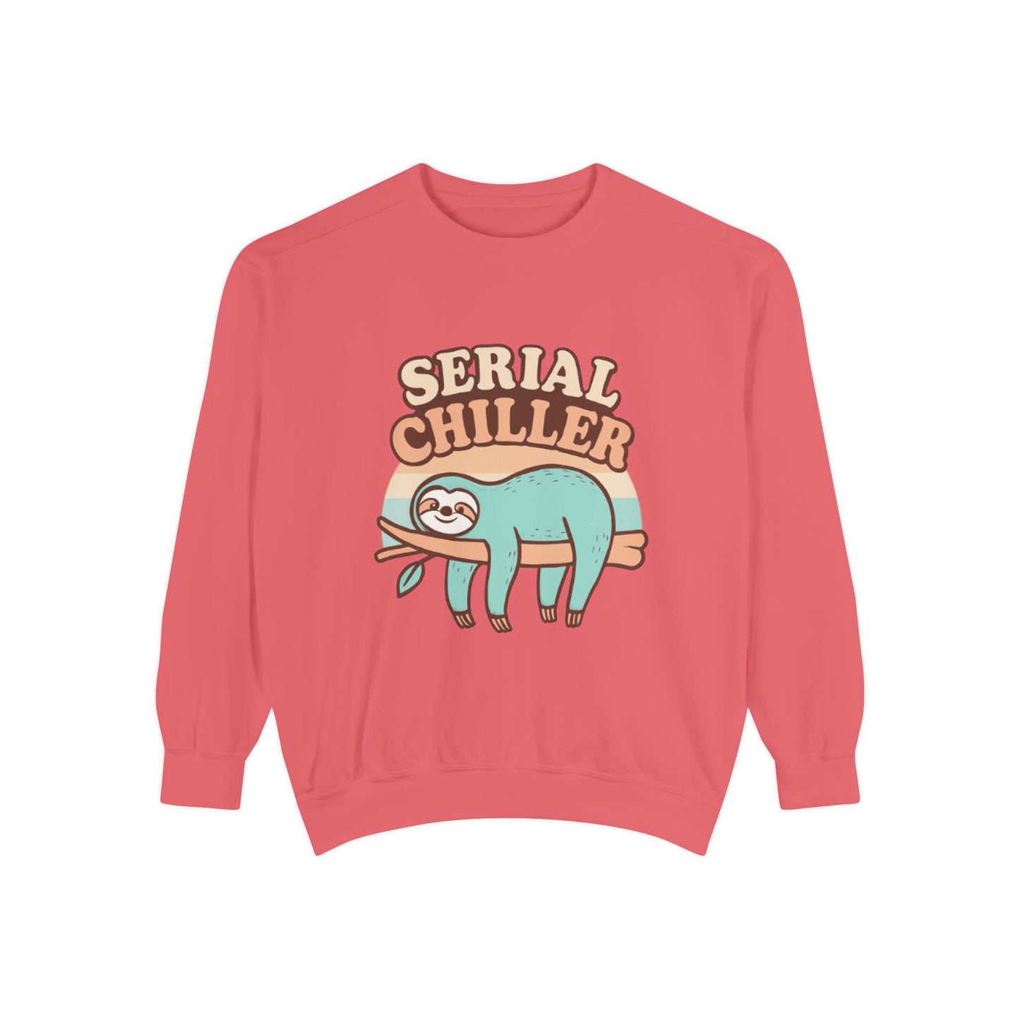 Red sweatshirt with a sloth graphic and 'Serial Chiller' text on a white background