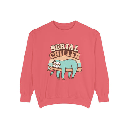 Red sweatshirt with a sloth graphic and 'Serial Chiller' text on a white background