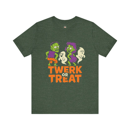 Halloween Fun Unisex Jersey Tee, T-Shirt for Halloween Parties, Funny Costume Tee, Trendy Unisex Tee, Twerk or Treat Design