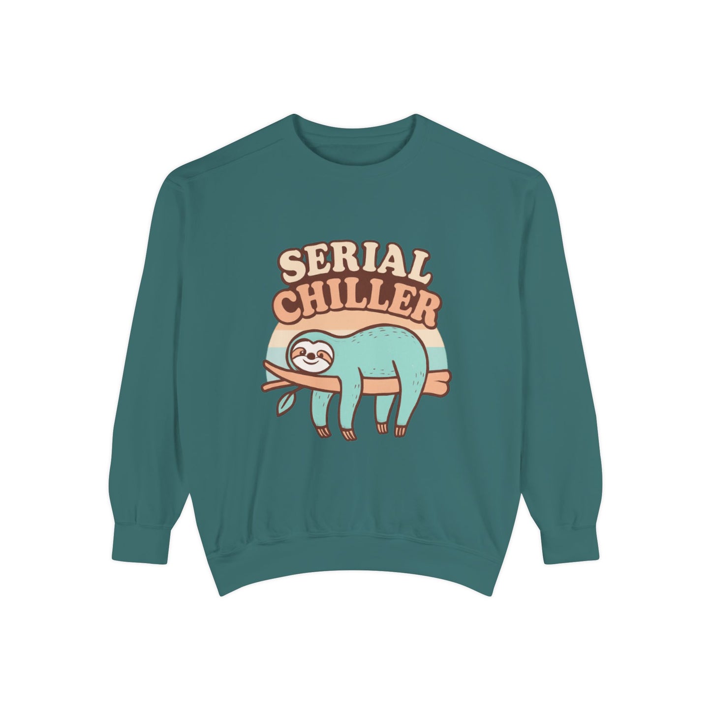 Teal sweatshirt with a sloth graphic and 'Serial Chiller' text on a white background