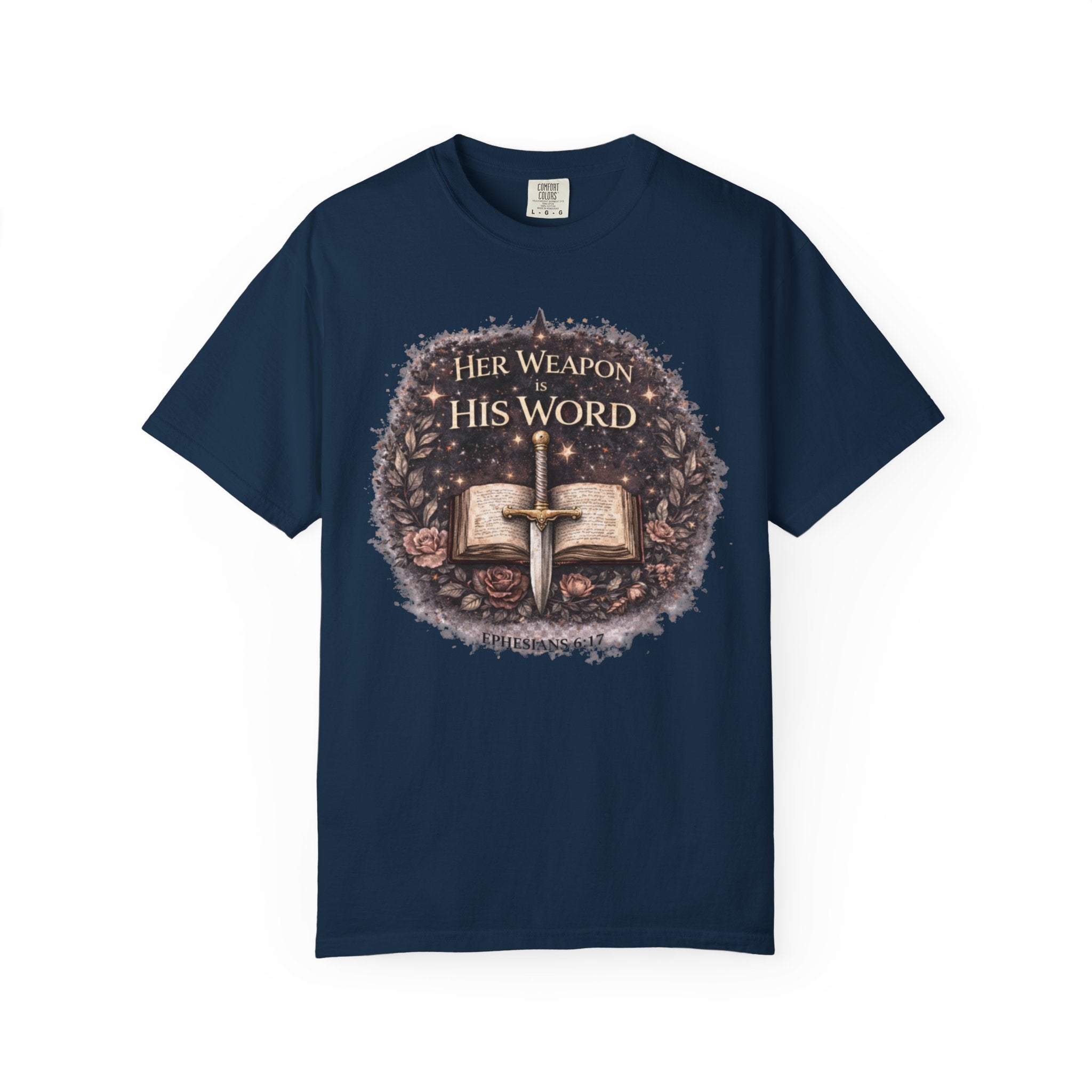 Christian Sword & Bible T-Shirt — "Her Weapon His Word" Inspirational Faith Tee