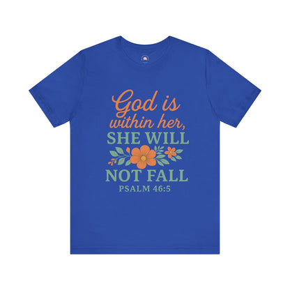 Blue t-shirt with motivational quote and floral design on a white background