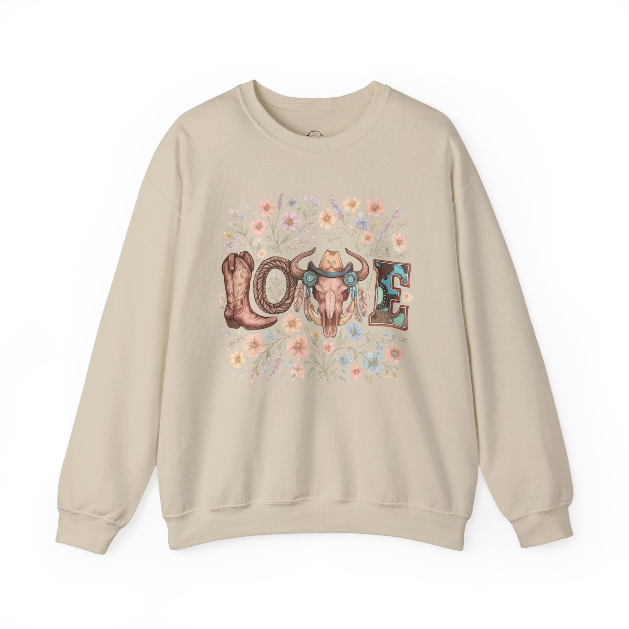 Love Western Crewneck Sweatshirt — Floral Cow Skull & Boot Graphic