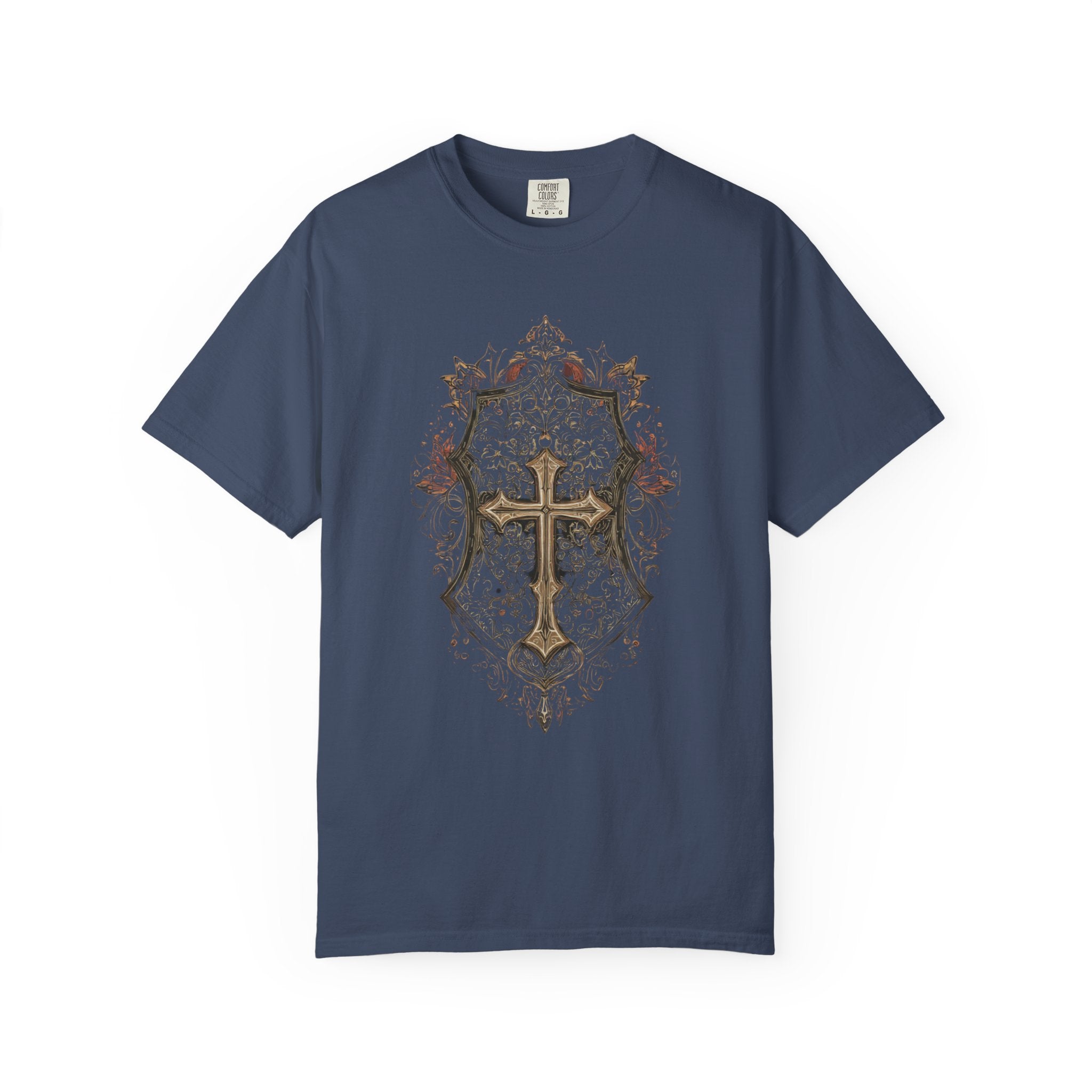 Vintage Shield Cross T-Shirt — Gothic Christian Crest Tee