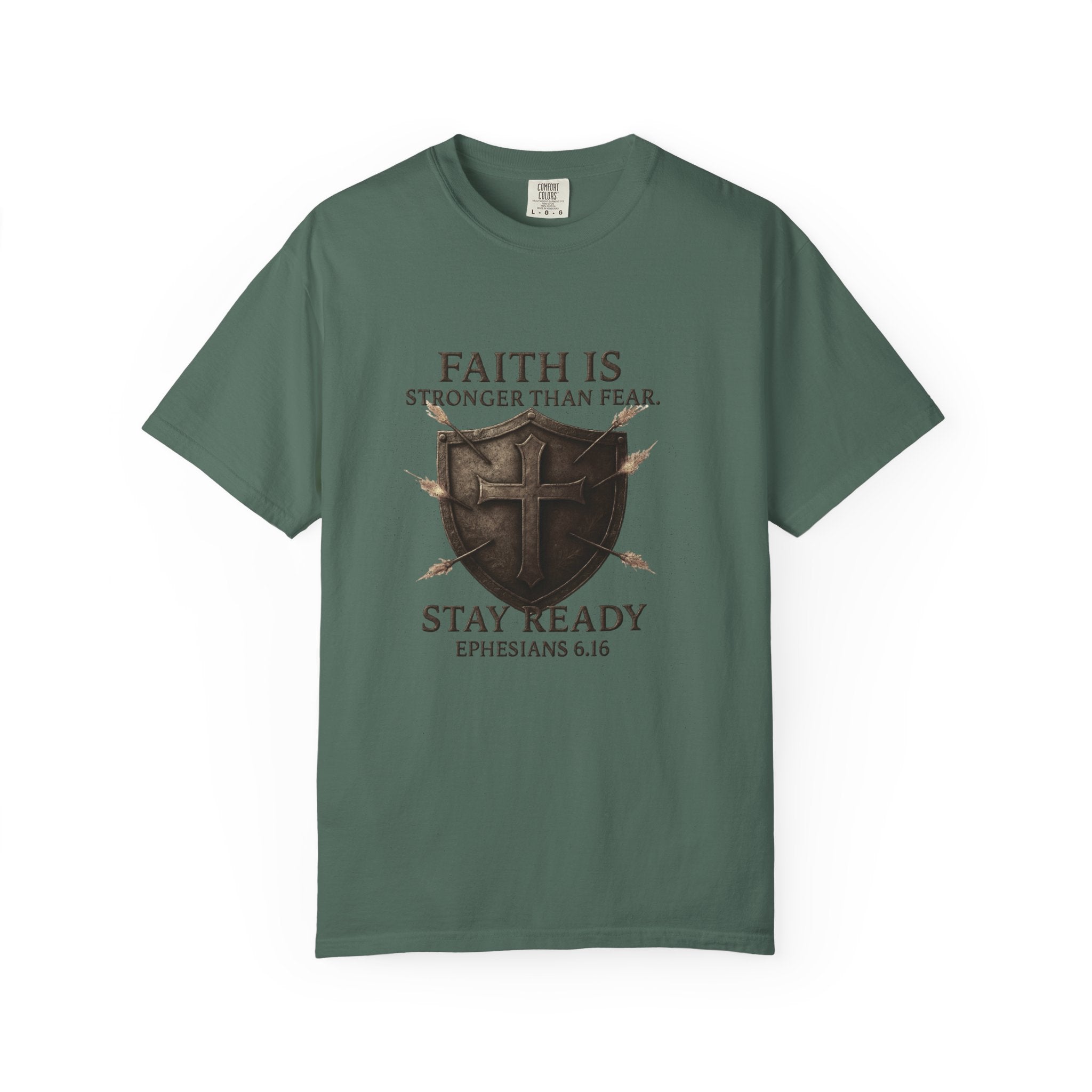 Faith Is Stronger Than Fear Shield T-Shirt — Stay Ready (Ephesians 6:16)