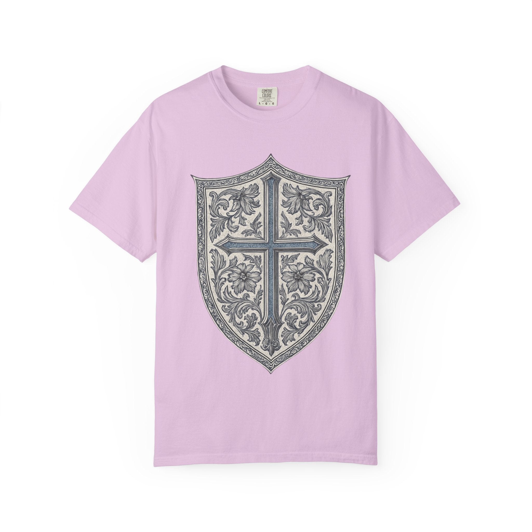 Shield Cross T-Shirt — Vintage Floral Heraldic Crest Christian Tee