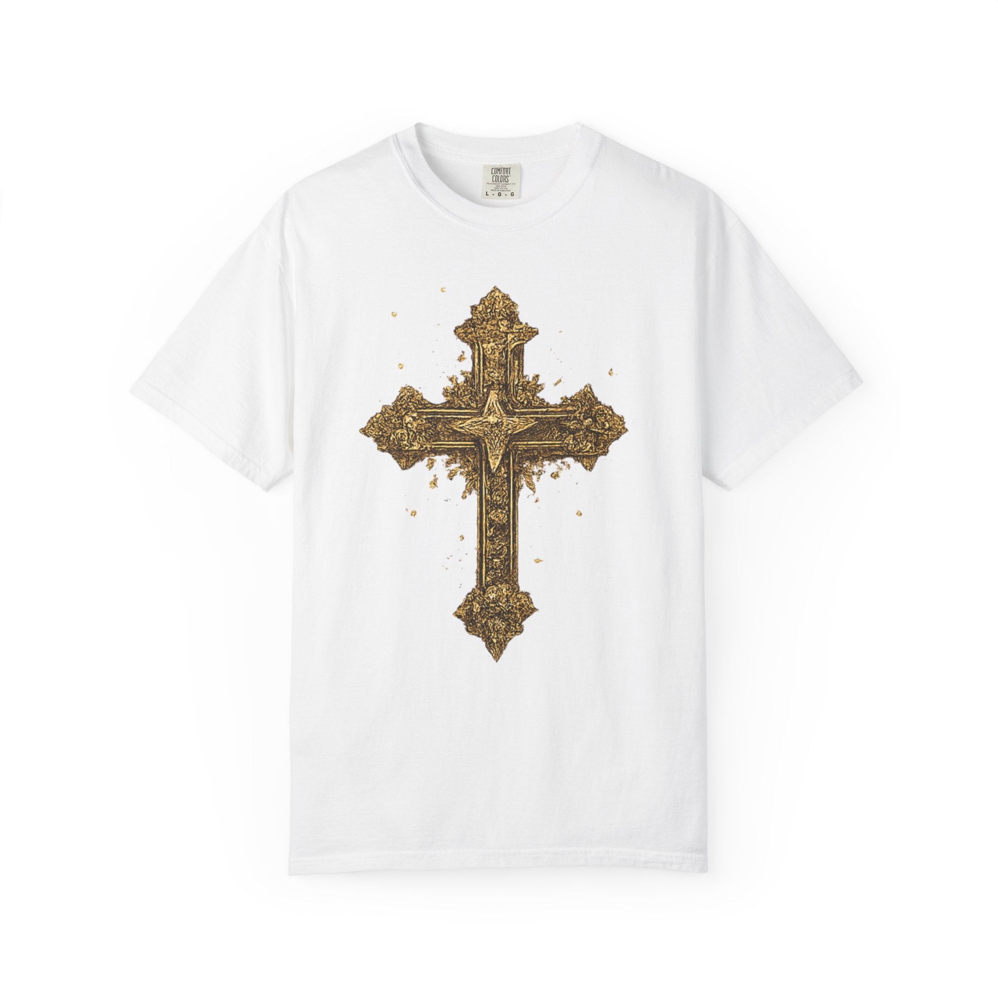 White t-shirt with a gold cross design on a white background