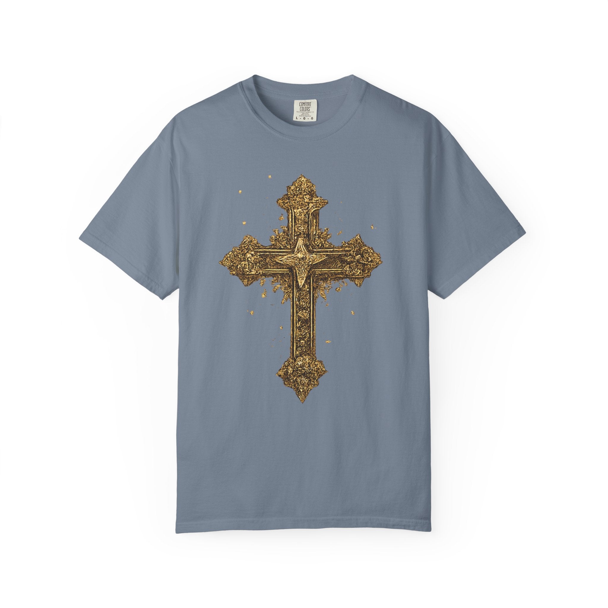 Blue t-shirt with a gold ornate cross design on a white background