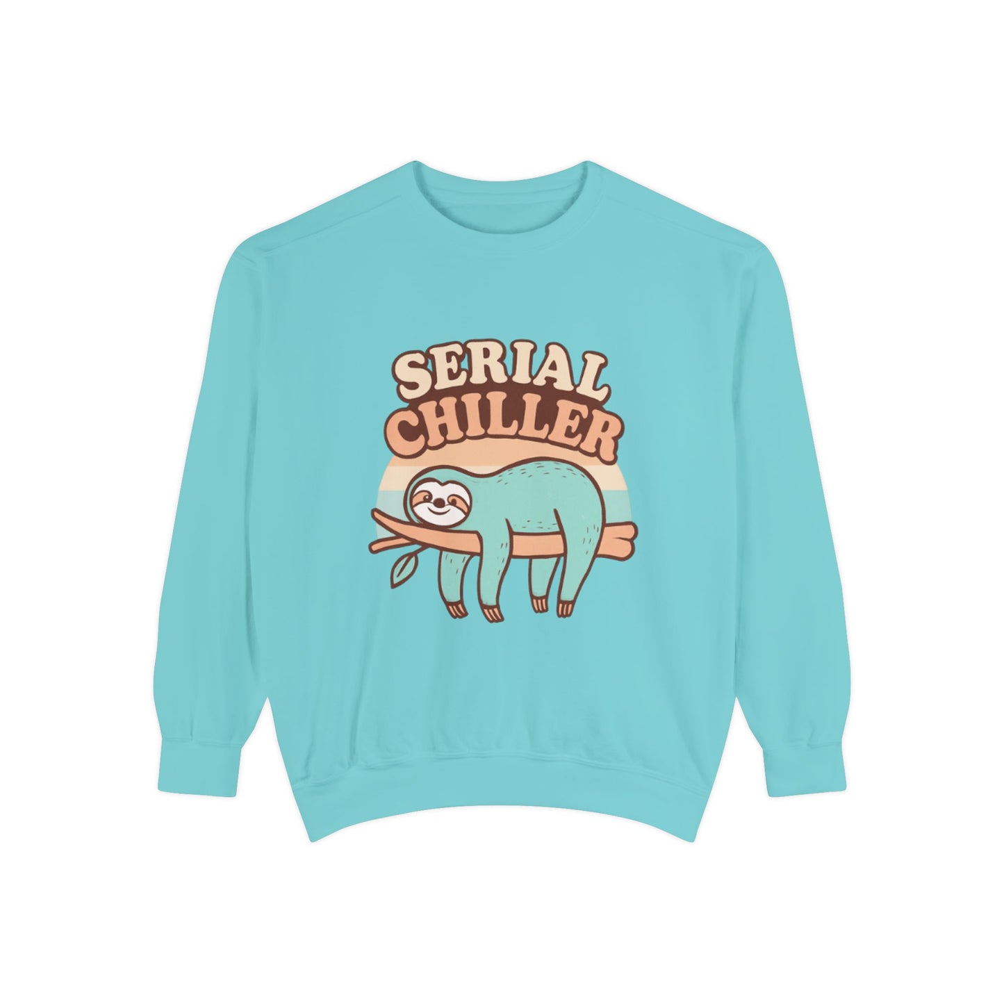 Light blue sweatshirt with a sloth graphic and 'Serial Chiller' text on a white background