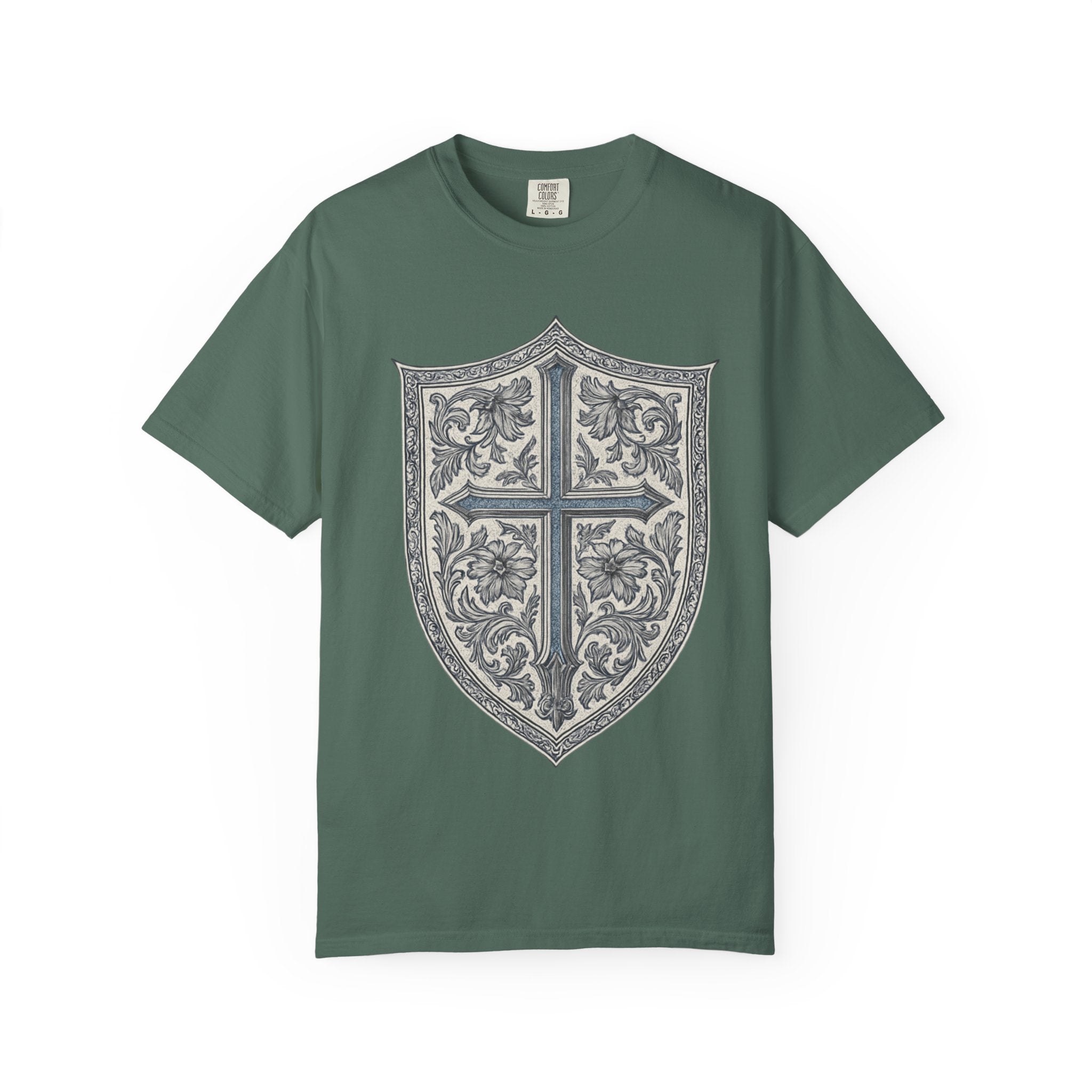 Shield Cross T-Shirt — Vintage Floral Heraldic Crest Christian Tee