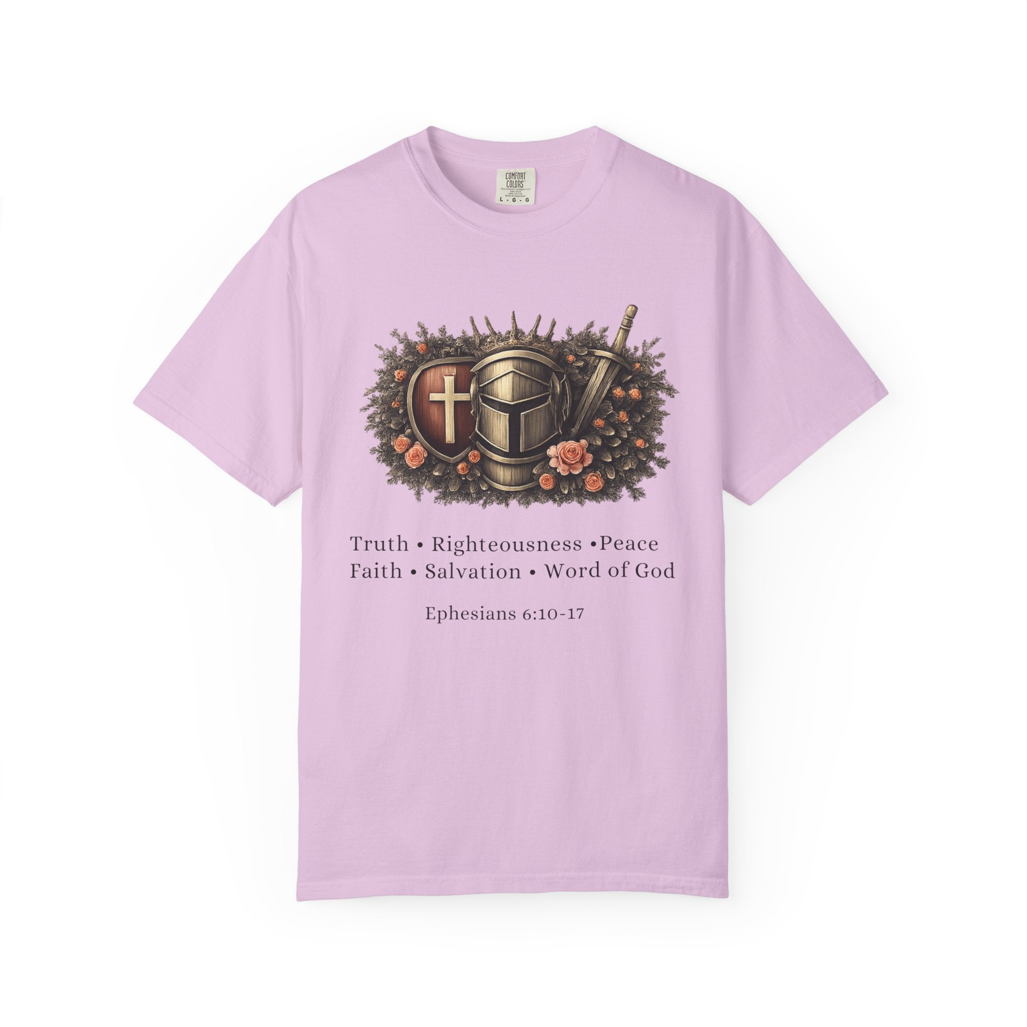 Pink t-shirt with religious design and text on a white background