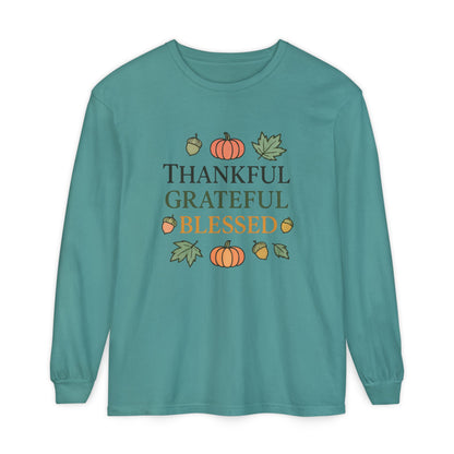 Thankful Grateful Blessed Long Sleeve T-Shirt | Autumn Fashion, Harvest Wear, Thanksgiving Gift, Fall Style, Cozy Apparel - The Bougie Pumpkin Boutique