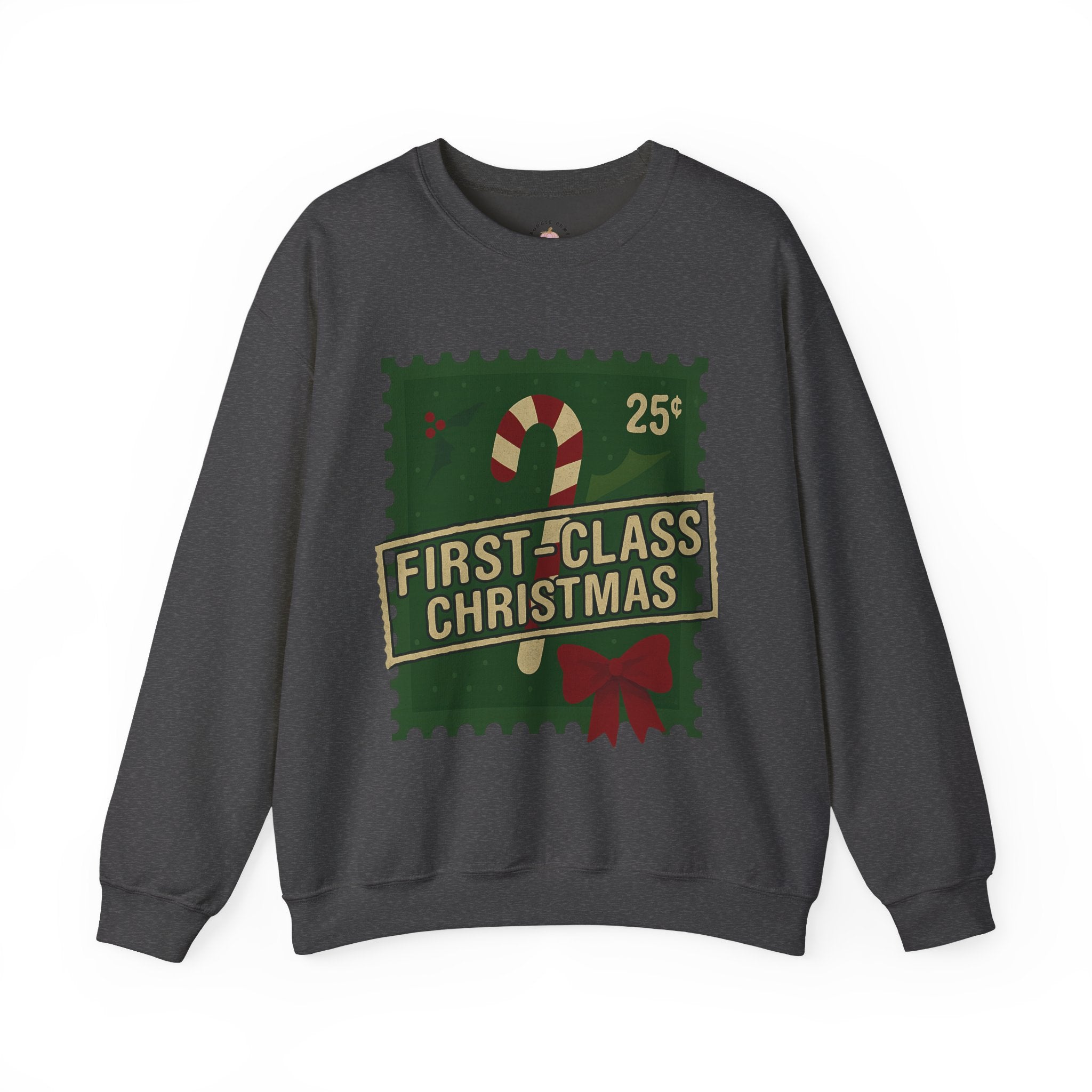 Christmas Crewneck Sweatshirt — "First-Class Christmas" Candy Cane Stamp Design