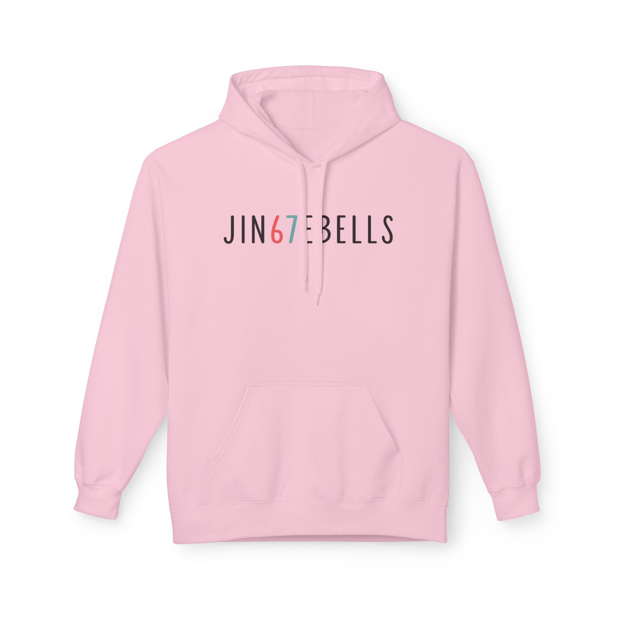 Pink hoodie with text 'JIN67BELLS' on a white background