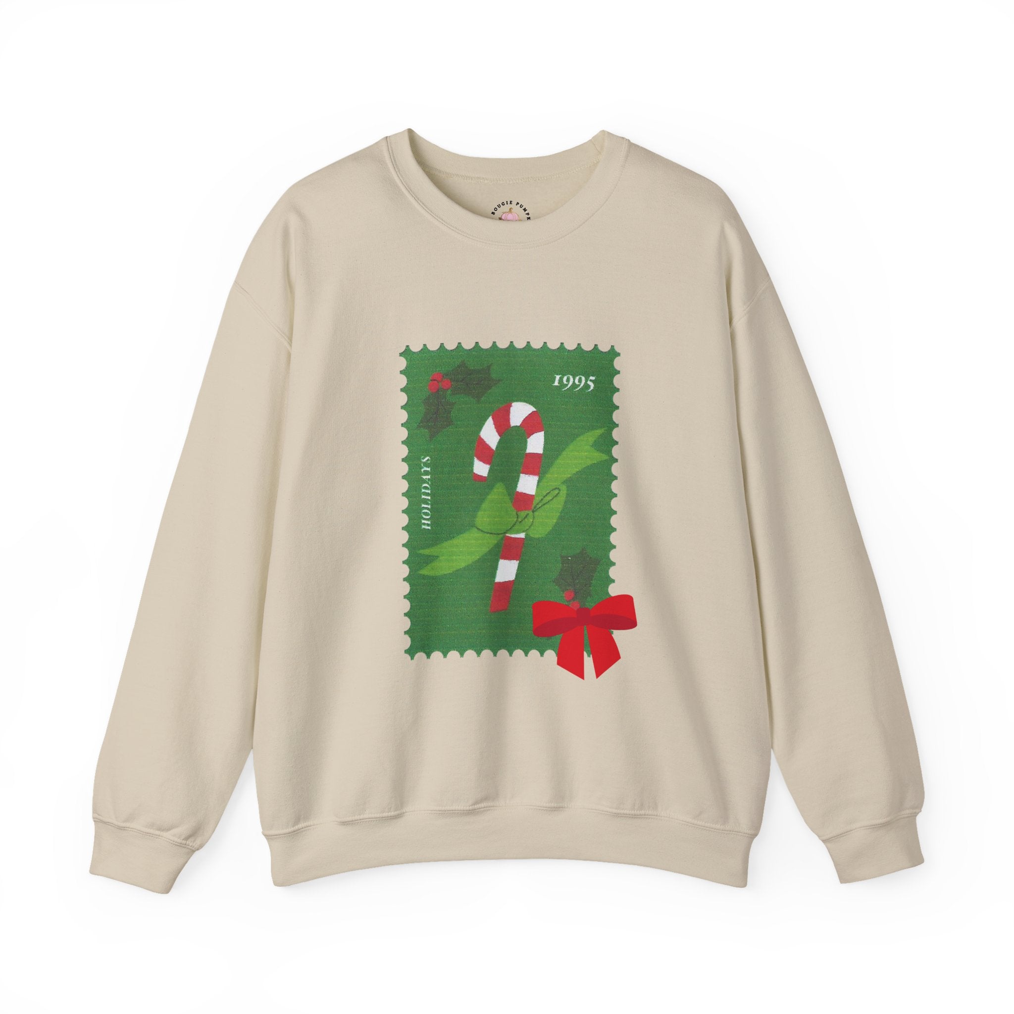 Candy Cane Holiday Crewneck Sweatshirt — Vintage Stamp Christmas Design