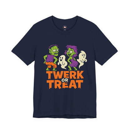 Halloween Fun Unisex Jersey Tee, T-Shirt for Halloween Parties, Funny Costume Tee, Trendy Unisex Tee, Twerk or Treat Design