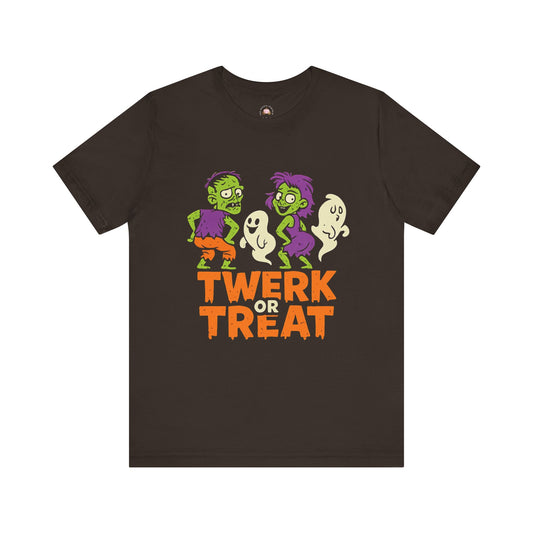 Halloween Fun Unisex Jersey Tee, T-Shirt for Halloween Parties, Funny Costume Tee, Trendy Unisex Tee, Twerk or Treat Design