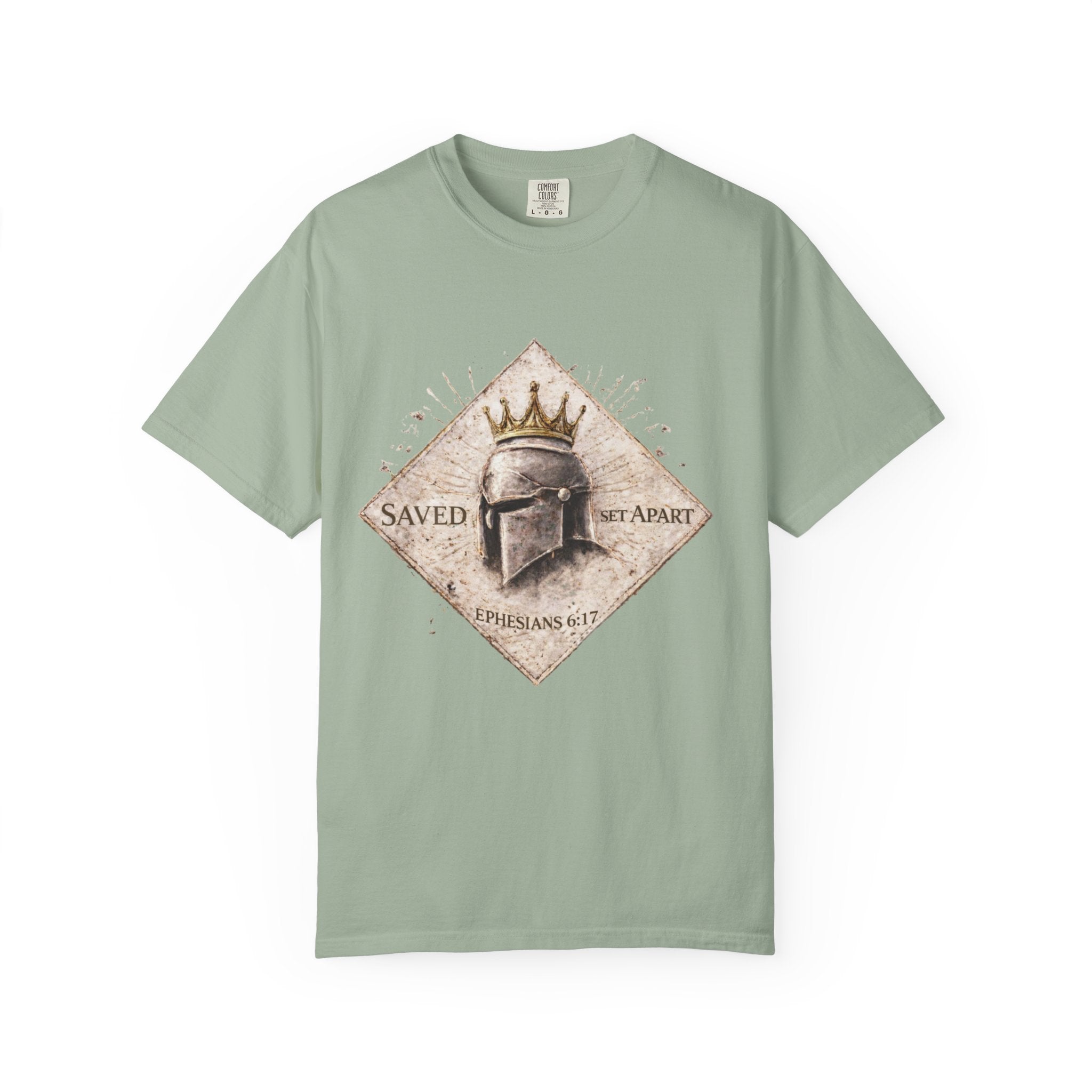 Christian Helmet T-Shirt — "Saved Not Apart" Ephesians 2:8 Faith Tee