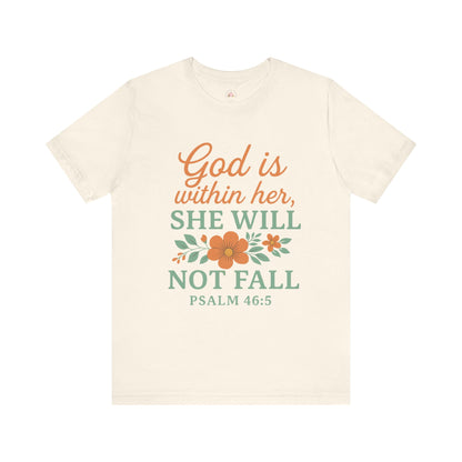 Beige t-shirt with motivational quote and floral design on a white background