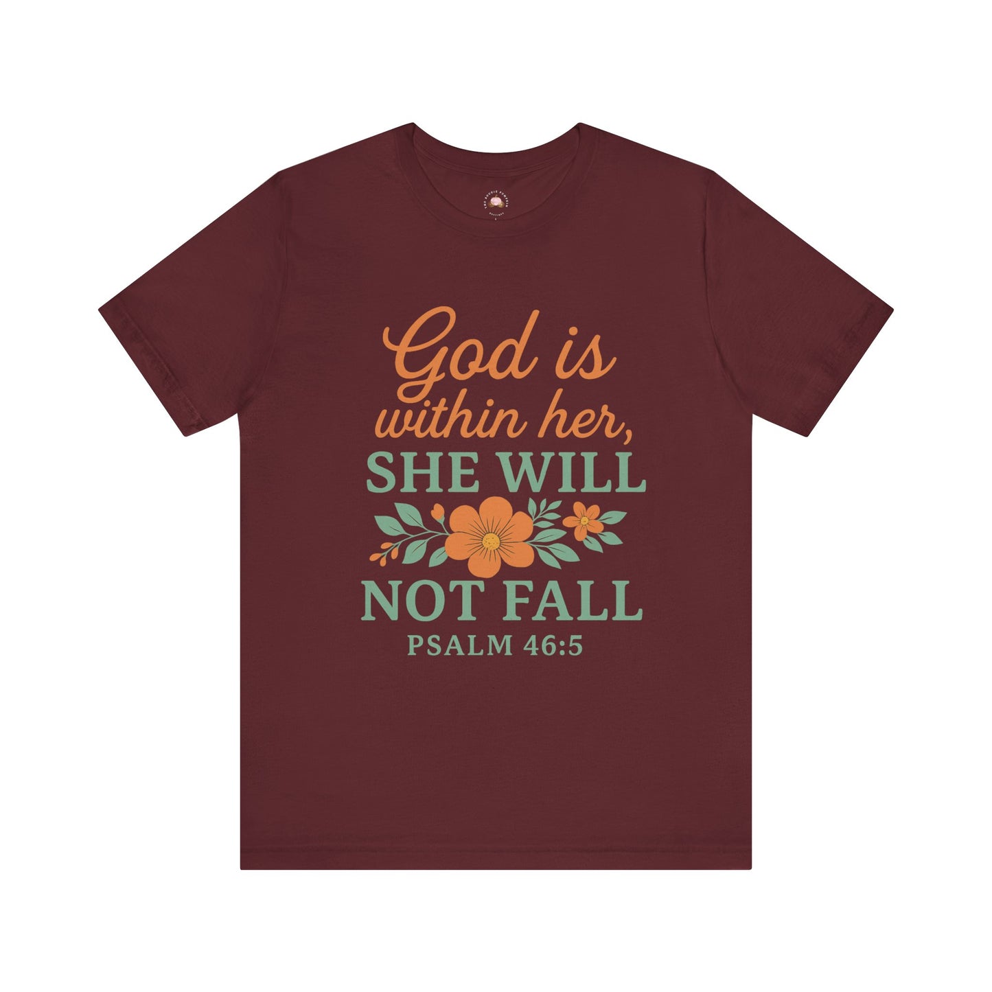 Maroon t-shirt with motivational quote and floral design on a white background