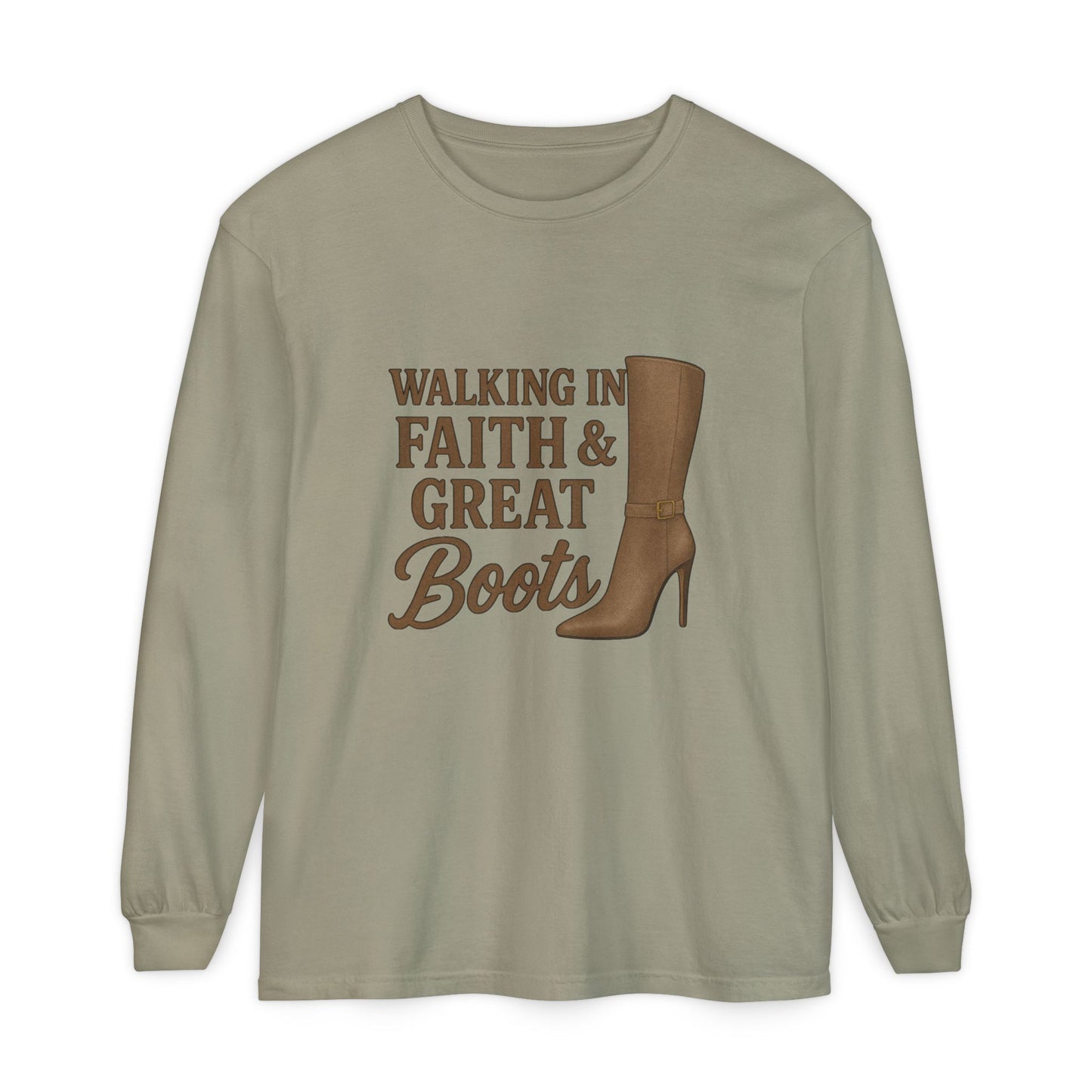 Long Sleeve Christian T-Shirt Walking in Faith & Great Boots - The Bougie Pumpkin Boutique