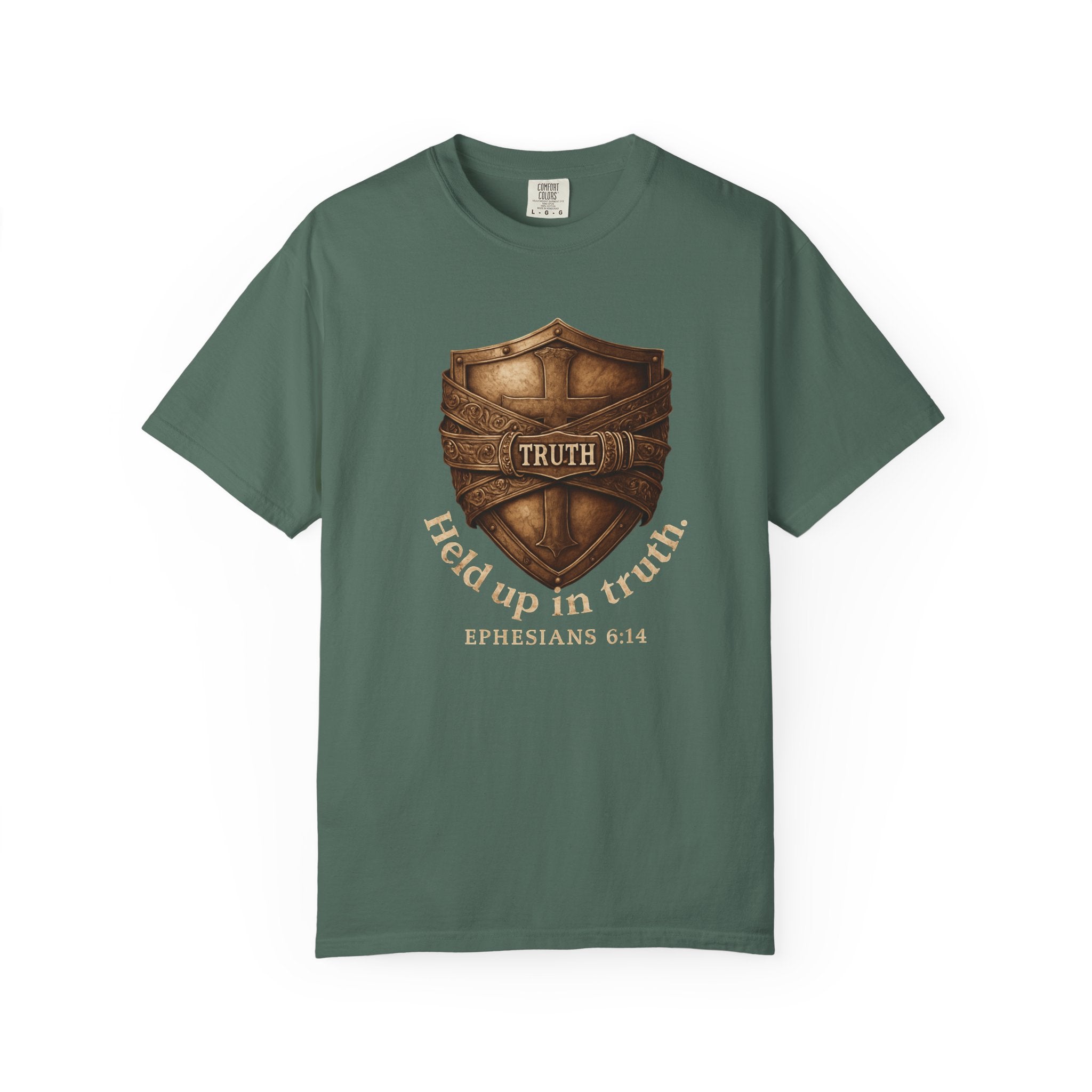 Truth Shield T-Shirt — "Held Up in Truth" Christian Faith Tee (Ephesians 6:14)