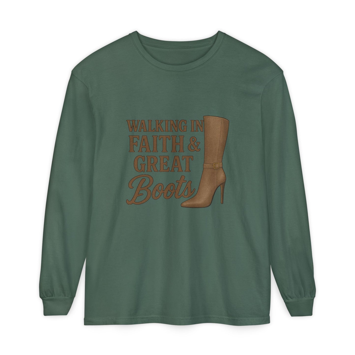 Long Sleeve Christian T-Shirt Walking in Faith & Great Boots - The Bougie Pumpkin Boutique