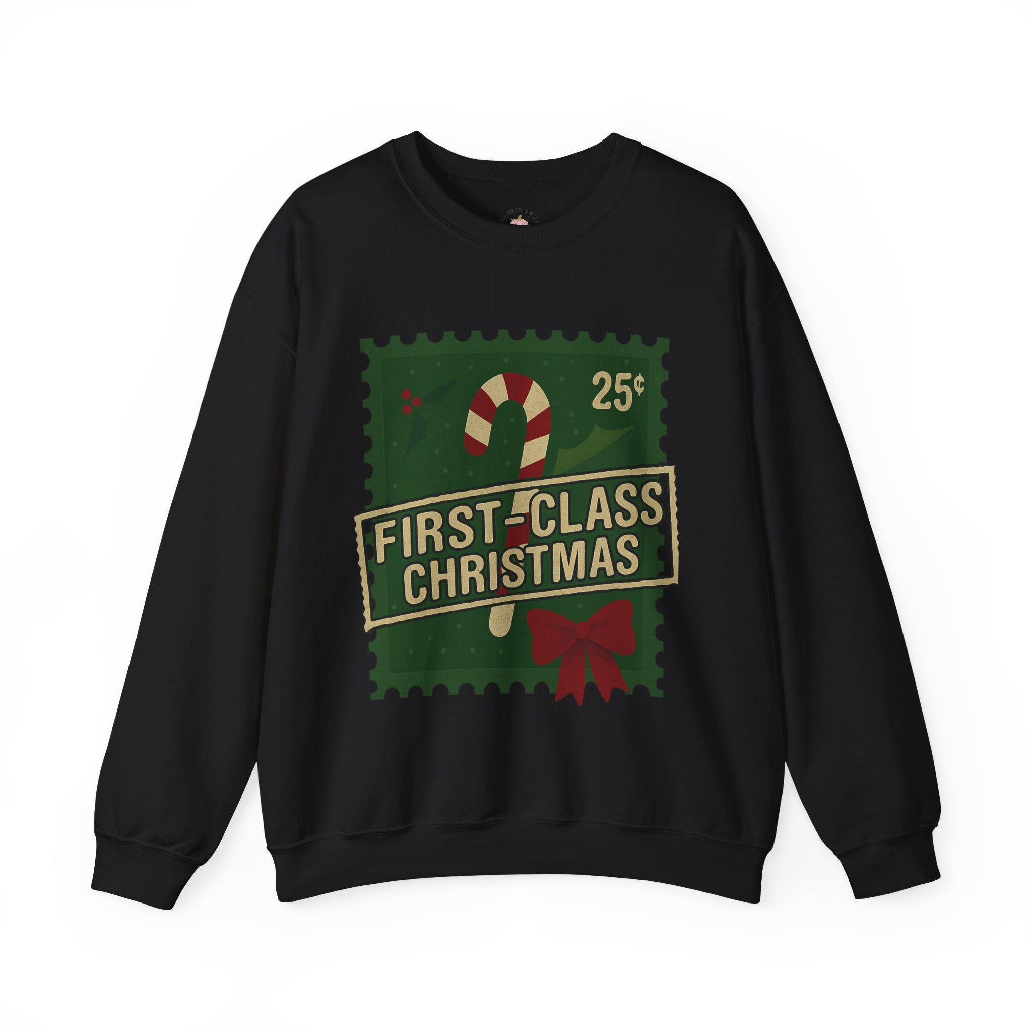 Christmas Crewneck Sweatshirt — "First-Class Christmas" Candy Cane Stamp Design