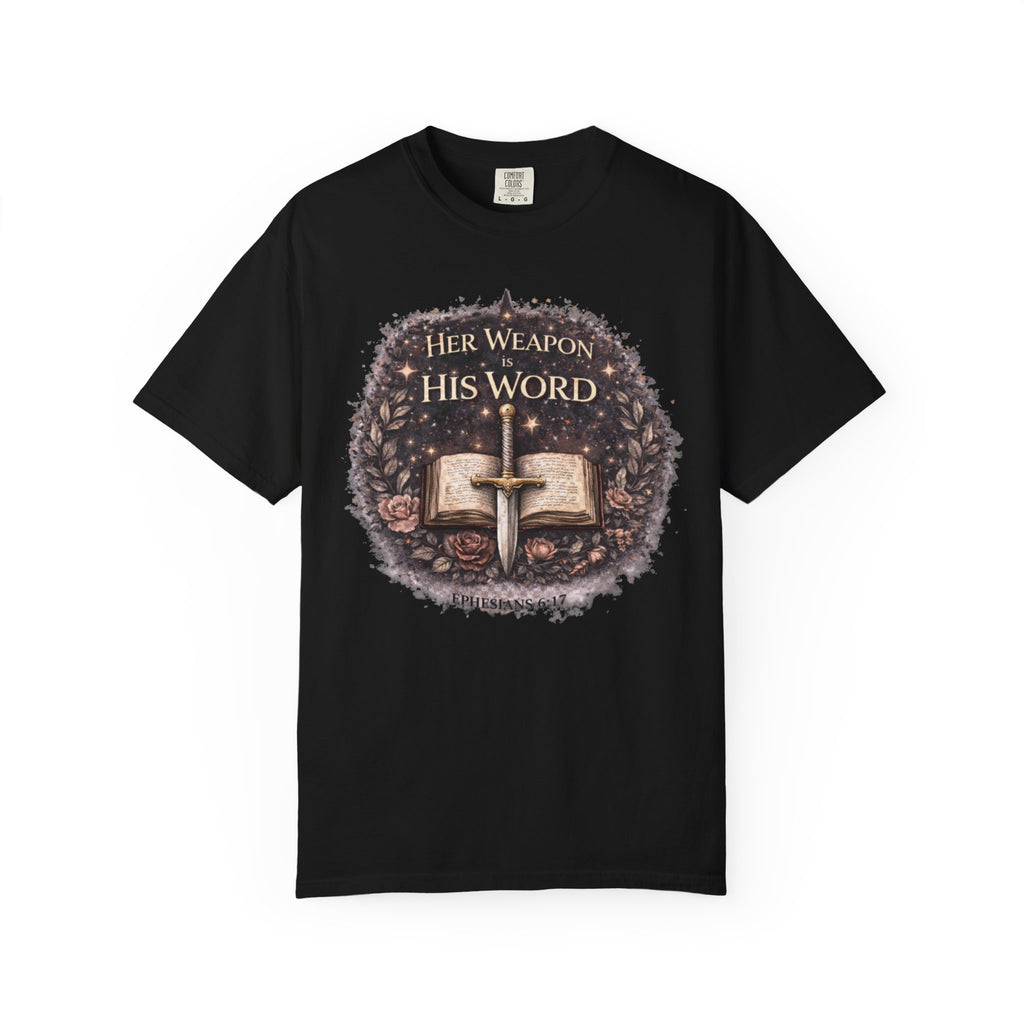 Christian Sword & Bible T-Shirt — "Her Weapon His Word" Inspirational Faith Tee