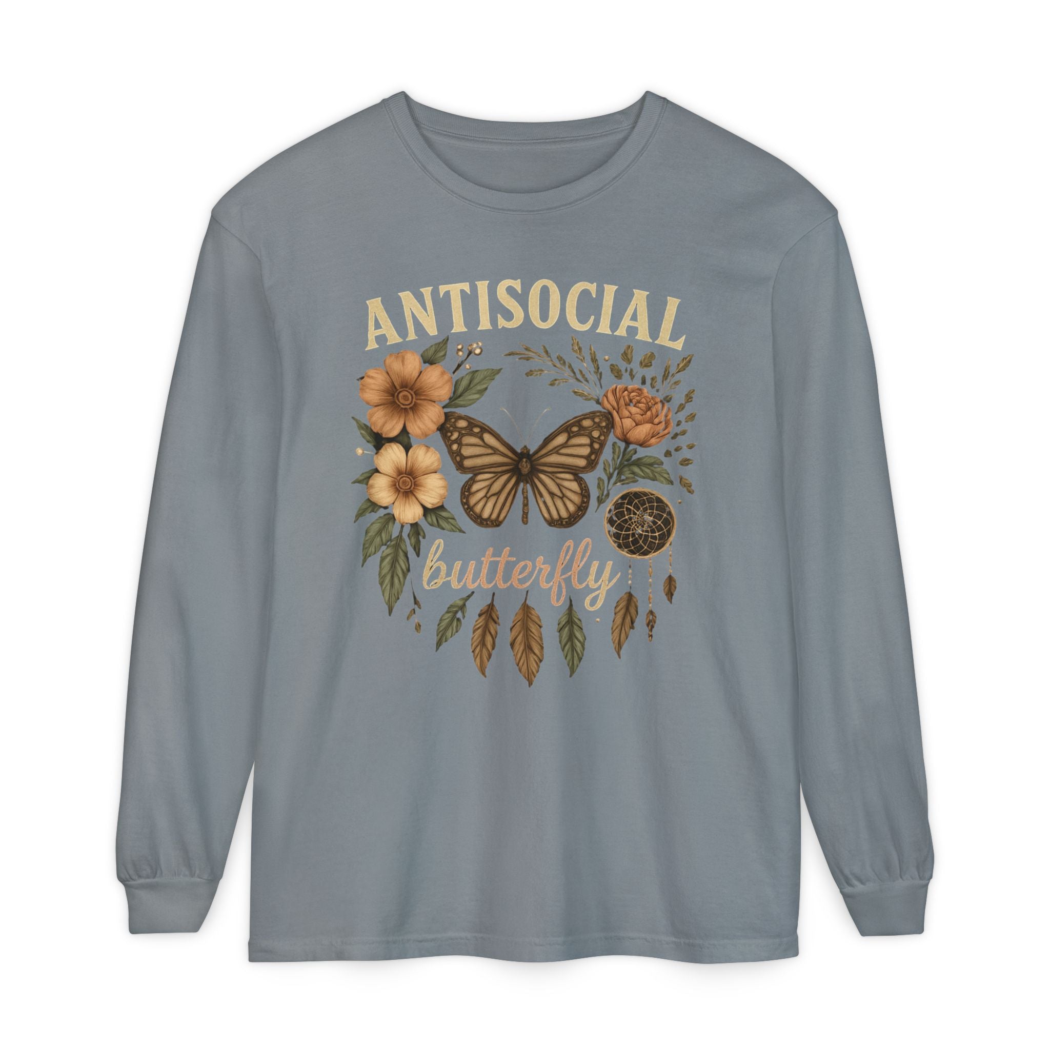 Antisocial Butterfly Long Sleeve Tee — Floral Vintage Butterfly Graphic Shirt