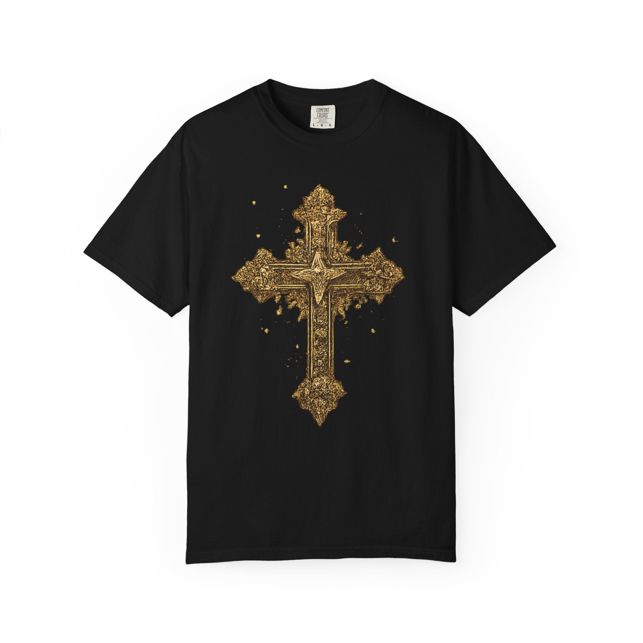 Black t-shirt with a gold cross design on a white background
