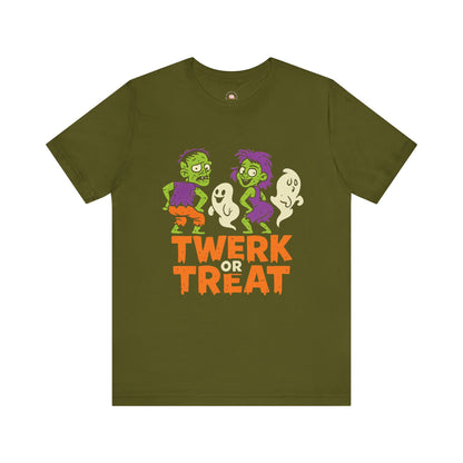 Halloween Fun Unisex Jersey Tee, T-Shirt for Halloween Parties, Funny Costume Tee, Trendy Unisex Tee, Twerk or Treat Design